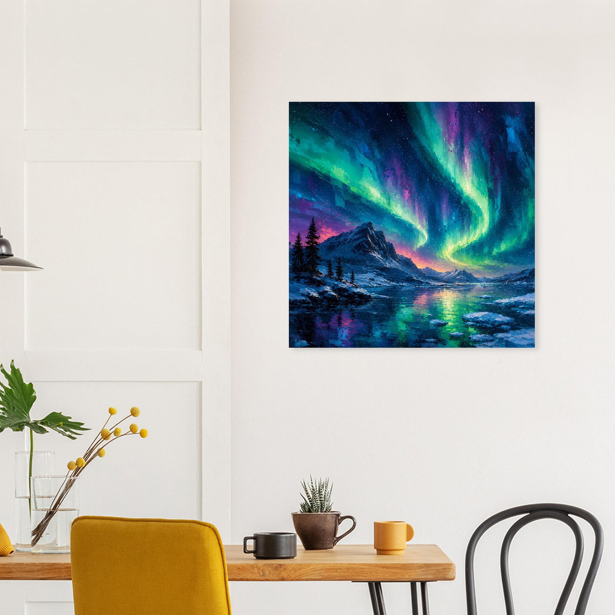 Quadratischer Poster mit Polarlicht am Himmel über Bergtal und See, blau, grün und violett