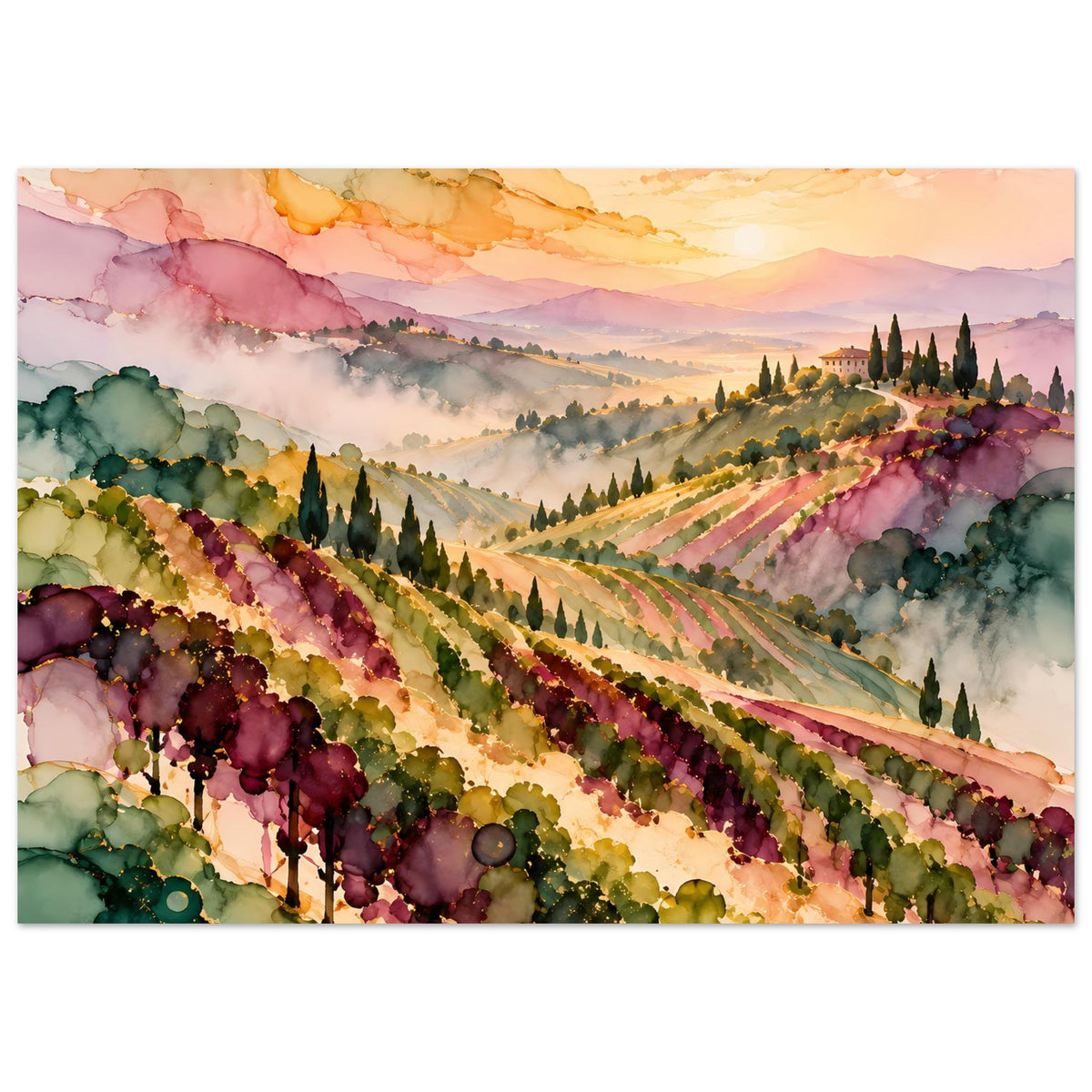 Landschaftsposter mit Weinberg-Hang, farbigen Rebenreihen, Nebelstreifen und goldenem Himmel
