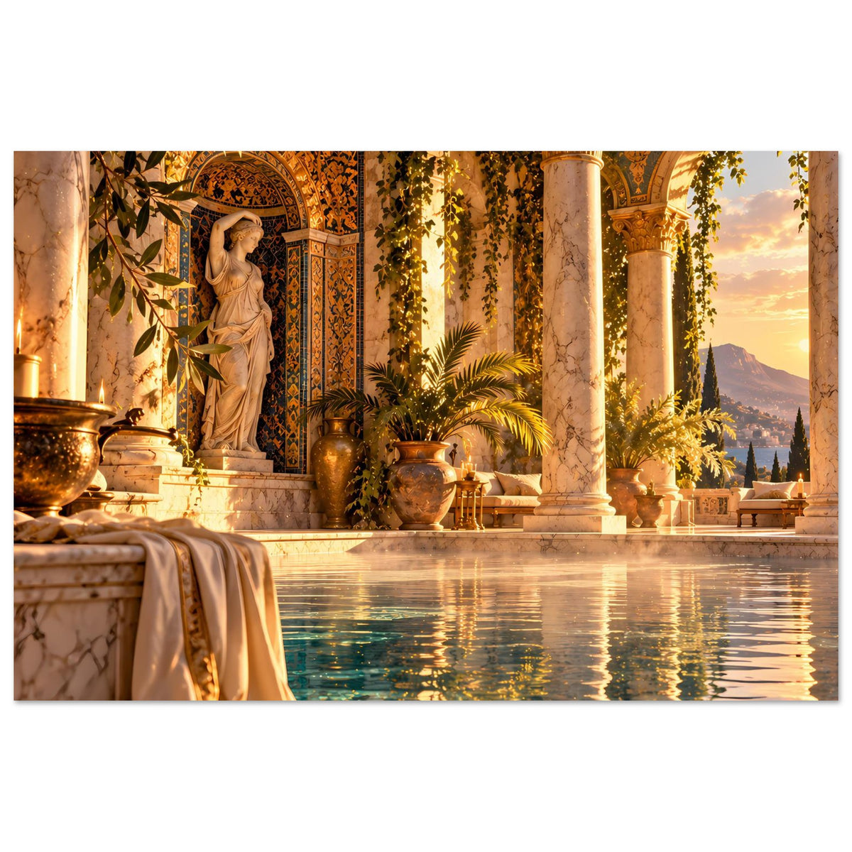 Pool-Poster mit Figurennische, goldenen Säulenbögen, Pflanzenarrangements und Wasserreflexen