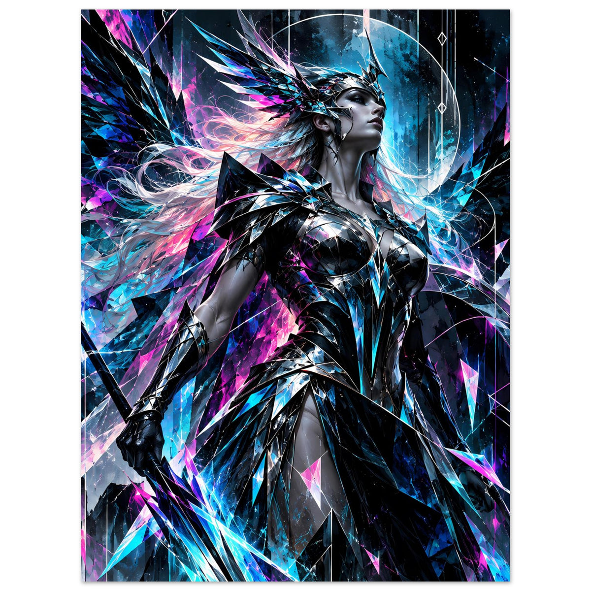 Neon-Valkyrie-Poster: hochkant, detailreiche Rüstung mit Blau- und Pink-Neonlinien