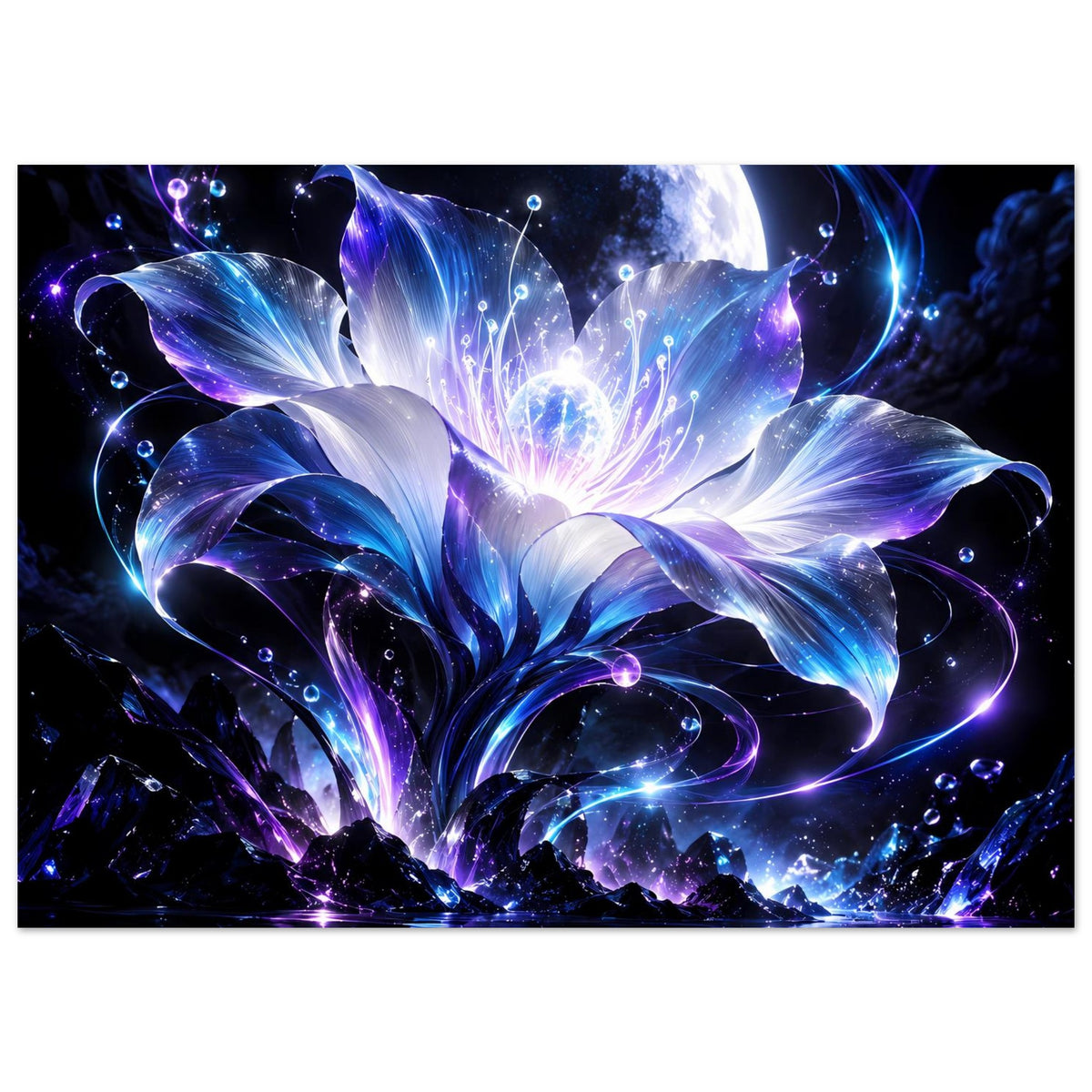 Horizontales Poster mit Mondsichel, violett-blauen Blüten und reflektierendem Boden