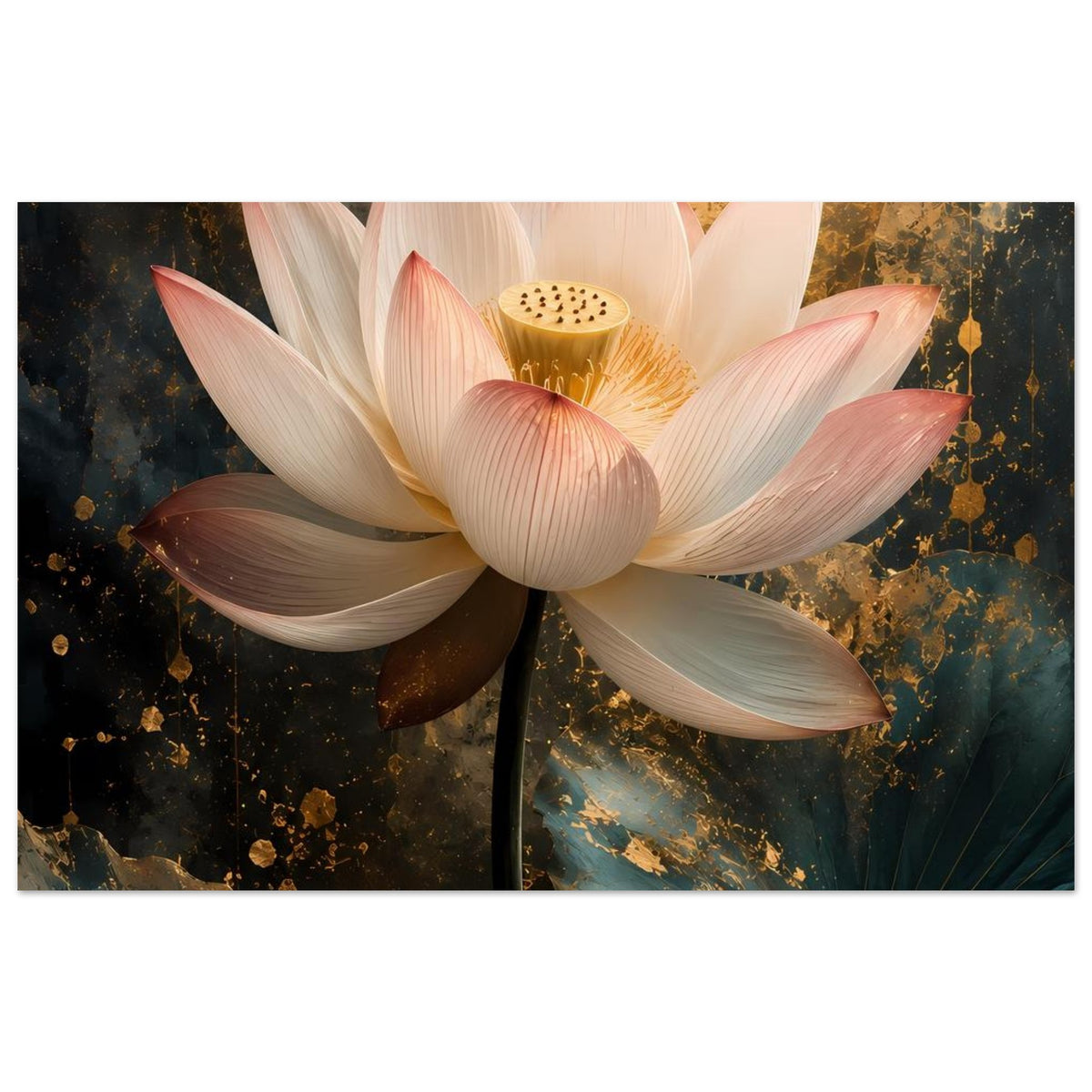 Poster mit weißer Lotusblüte und goldener Mitte, vorderer Blütenkranz im Fokus