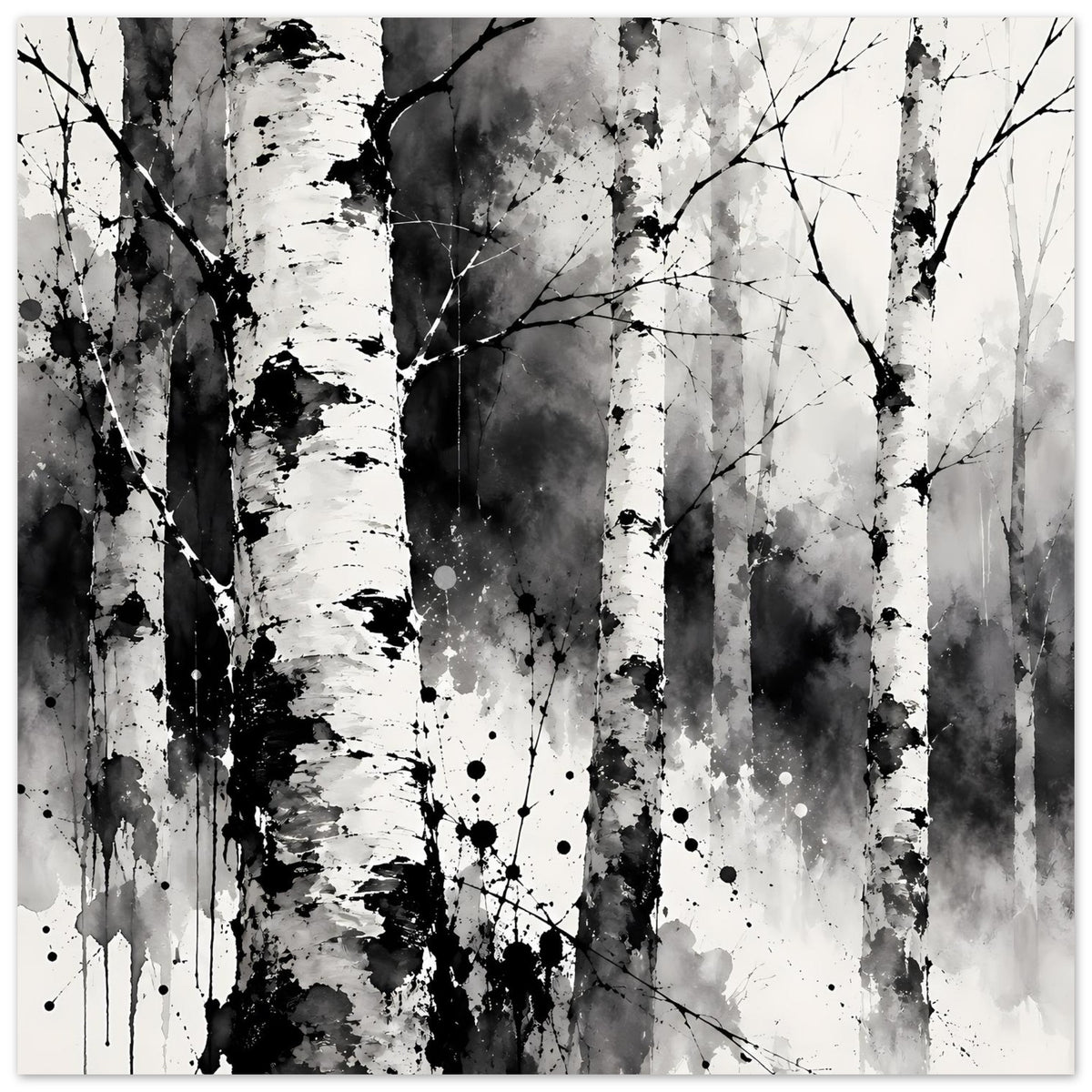 Schwarz-weißes Birch-Wald-Kunstposter mit Baumstämmen, Ästen und Farbspritzern im Querformat