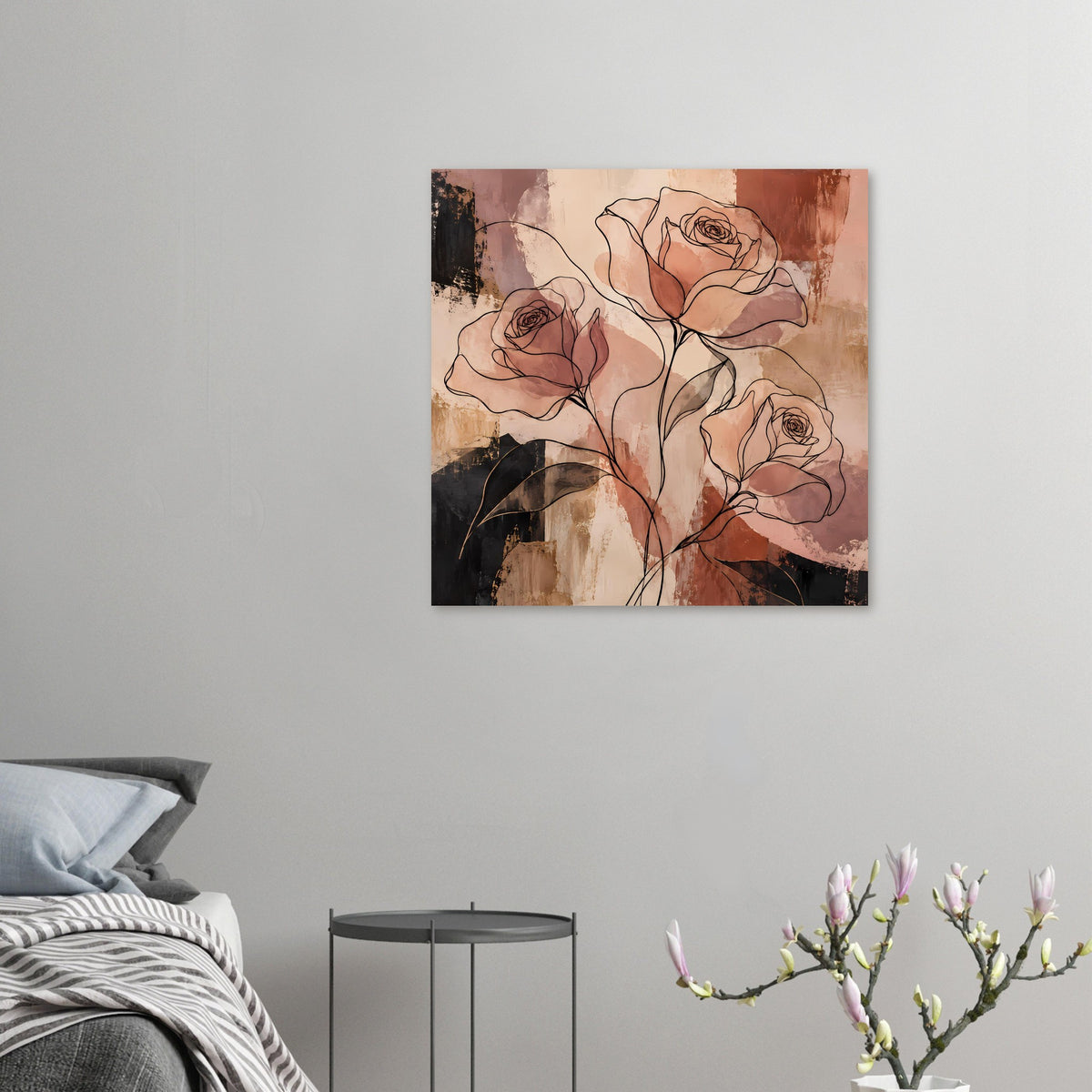 Kleines Poster mit abstrakter Rosenlinienkunst in Terrakotta- und Erdtönen, schwarze Konturen