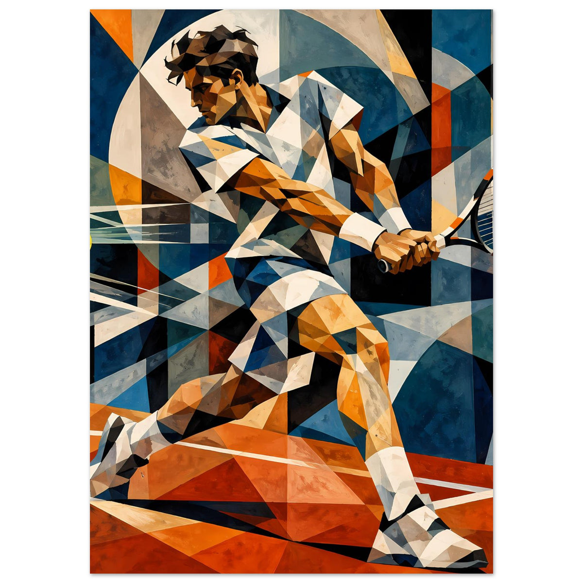 Tennis-Kunstposter: geometrische Tennisfigur mit ausgreifendem Arm, Schlägerkopf rechts