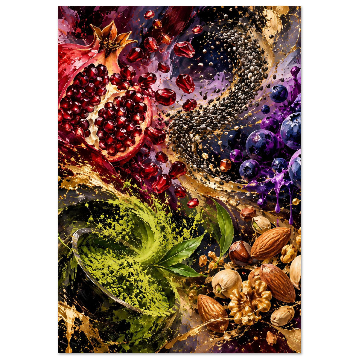 Vertikales Poster mit Granatapfel, violetten Beeren, grüner Blattspirale und Spritzern