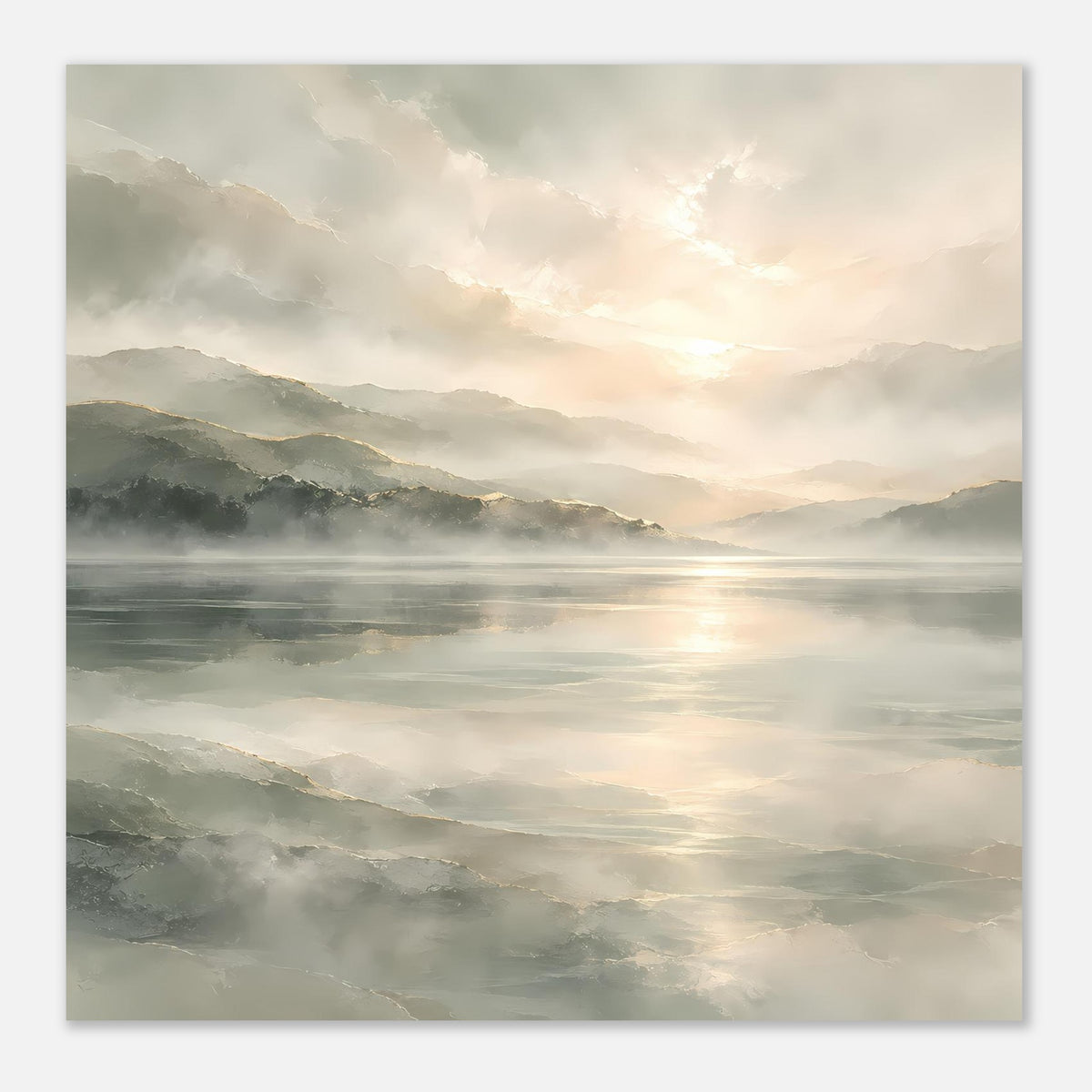 Hochkant-Poster mit See und Bergen im Dunst, goldene Himmelstöne, matt