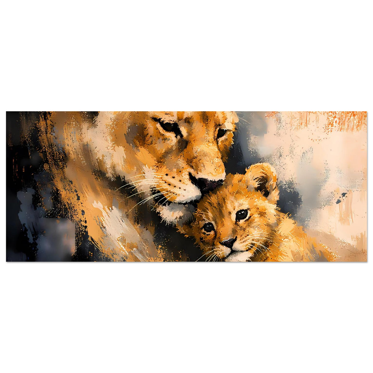 Panorama-Poster: Löwin mit Jungtier, warmes Orange-Braun, abstrakte Spritzmalerei