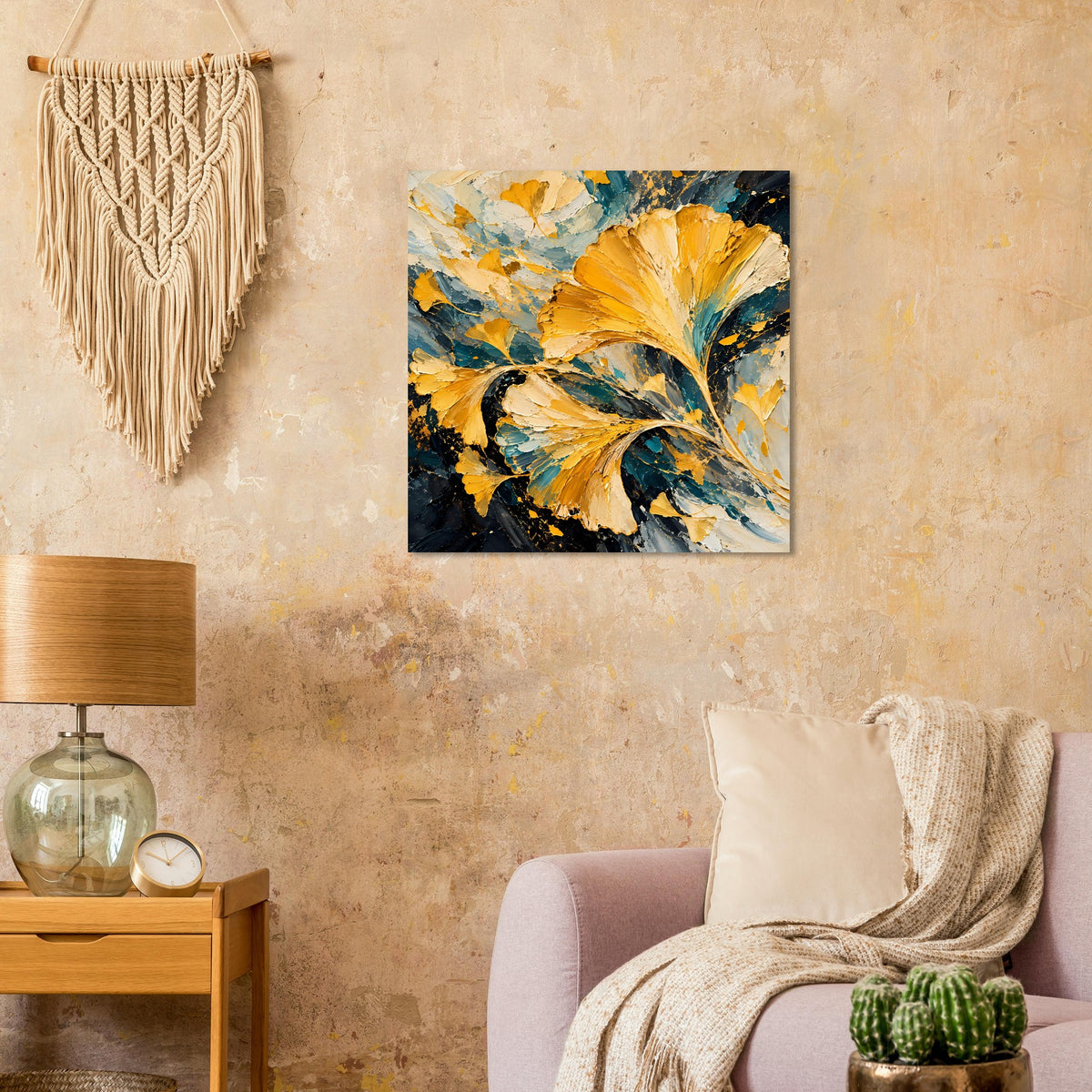 Quadratisches Poster mit abstraktem Ginkgo-Motiv: goldene Farbspritzer und teal Akzente im Rahmen.