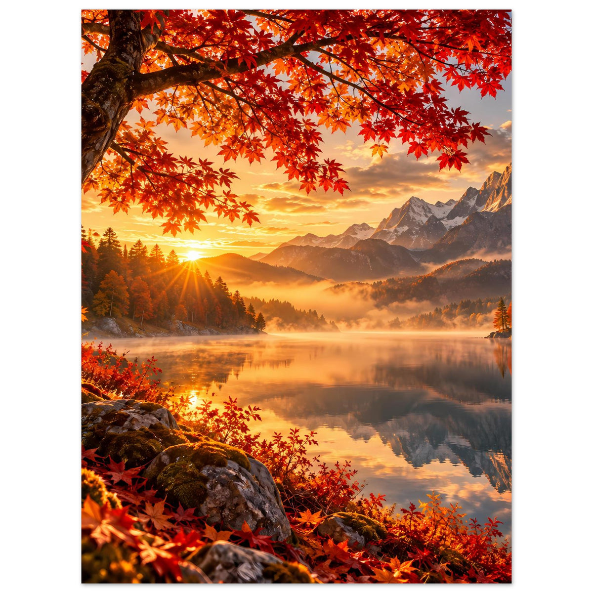 Herbstlandschaft-Poster im Hochformat mit rotem Blattdach, Nebel über See und Berggipfeln