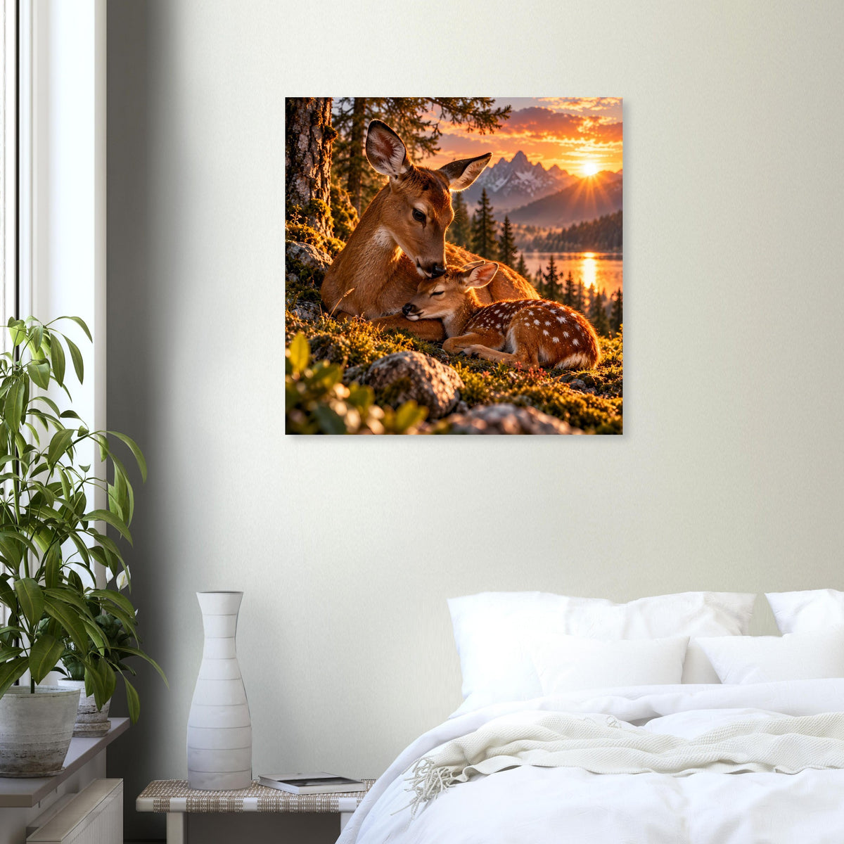 Quadratisches Poster mit Hirsch und rehbraunem Nachwuchs im Abendlicht vor Bergen