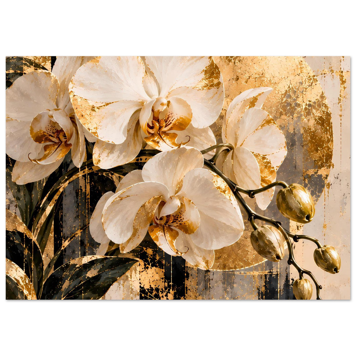 Orchideen-Wandposter (horizontal) mit goldenen Details, cremefarbene Orchideenblüten