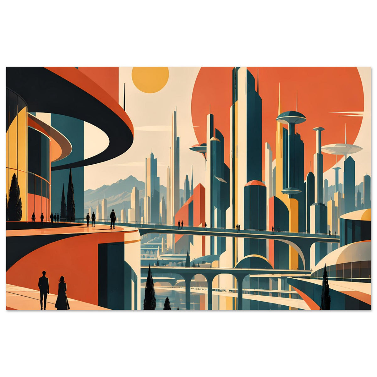 Retro-Stadtposter im Querformat: Türme, Brückenkonstruktionen und orangefarbener Himmel mit Kreisen