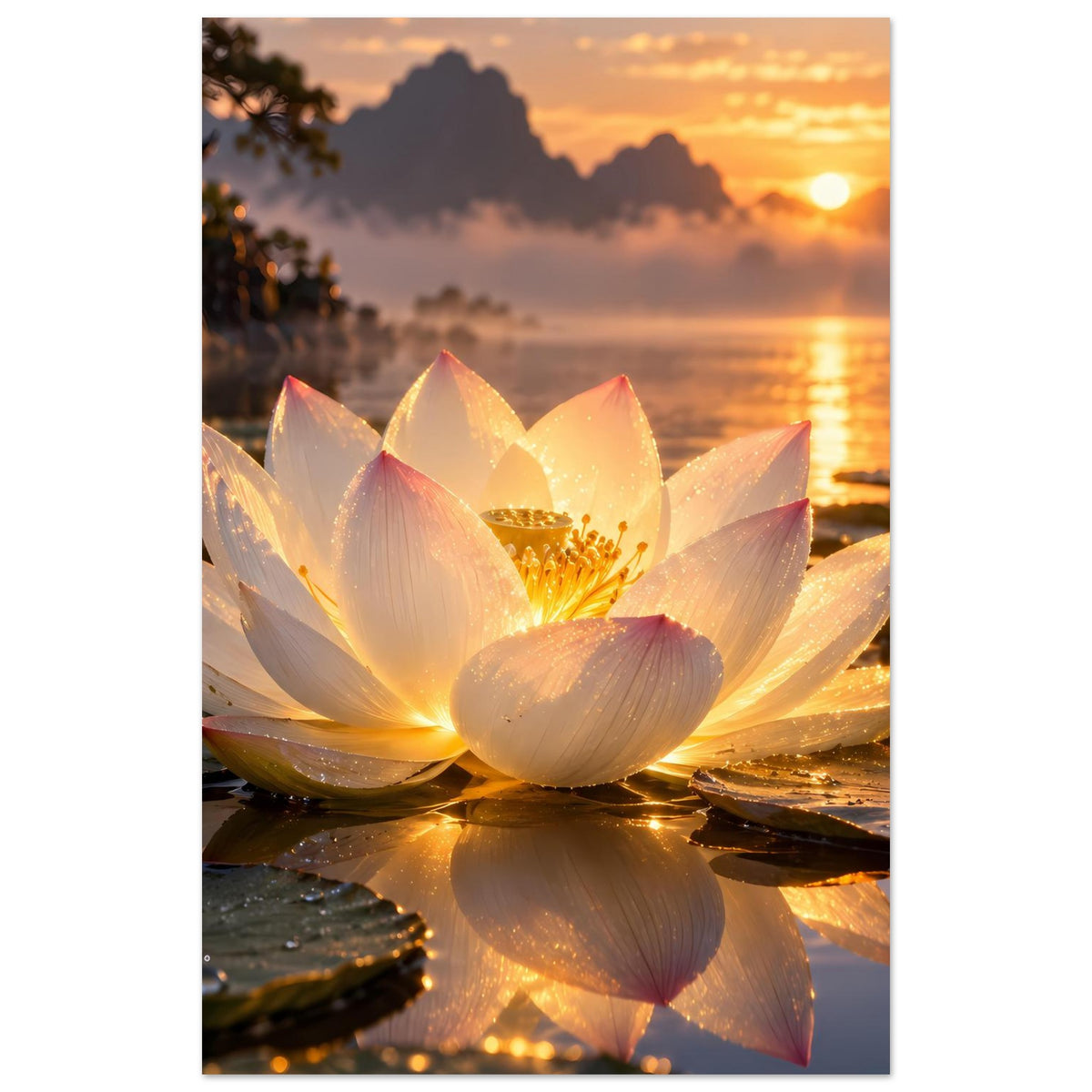 Poster im Hochformat mit Lotusblüte: weiße Blütenblätter, goldenes Zentrum