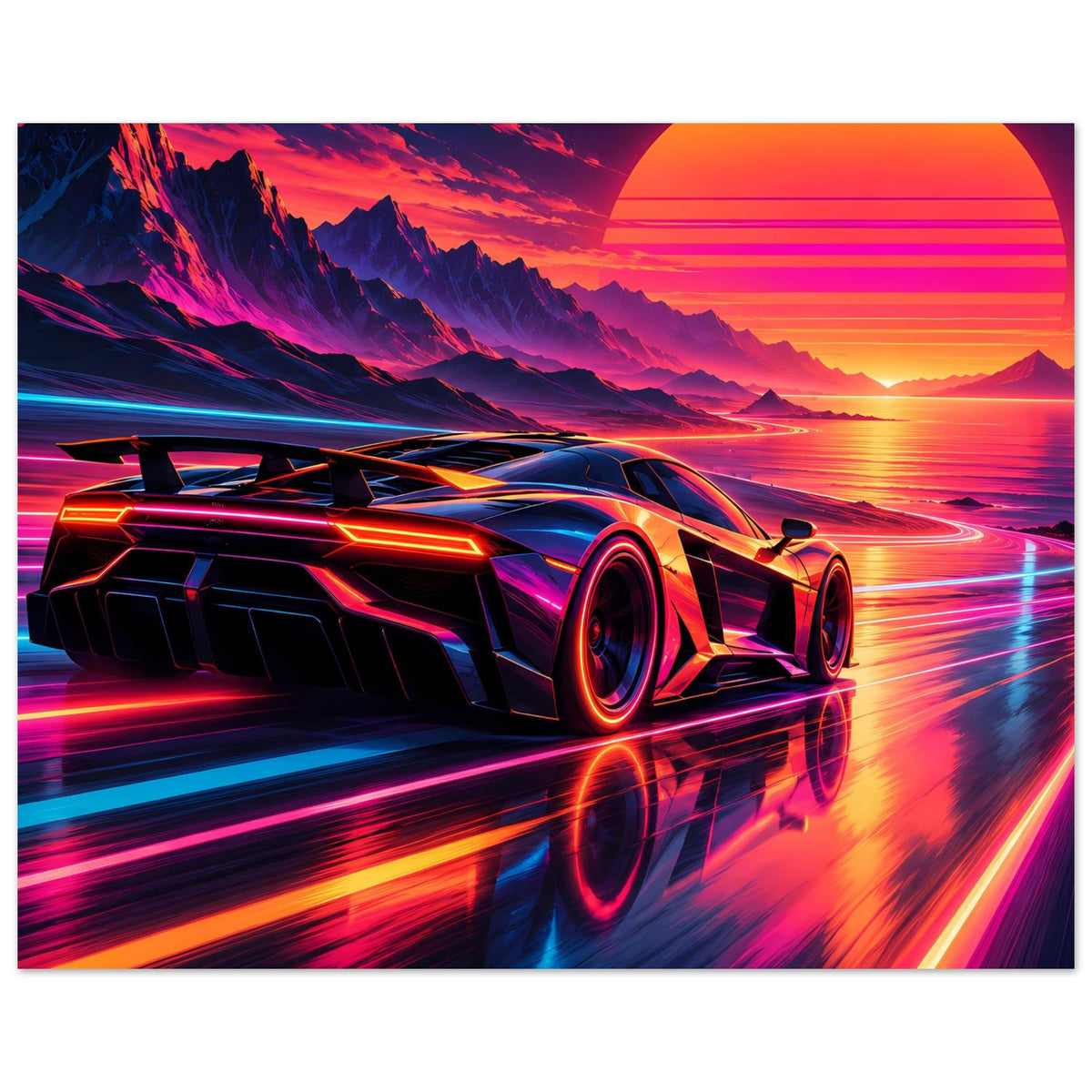 Poster mit Neon-Supercar in dynamischer Perspektive, Frontscheinwerfer und Räder klar