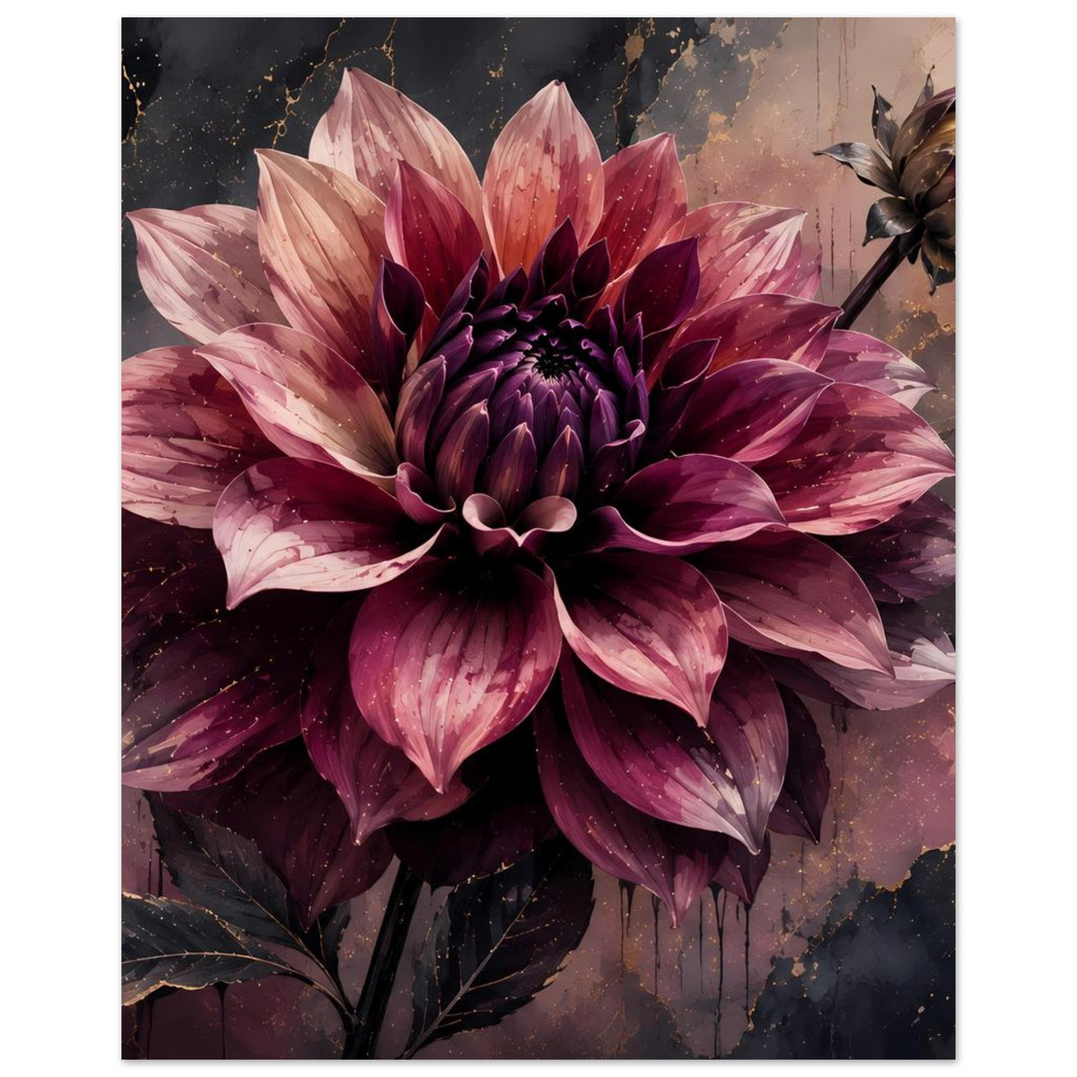 Blumenposter: Dahlie als Motiv, dunkelviolette Blütenblätter mit rosa Highlights und goldenen Linien