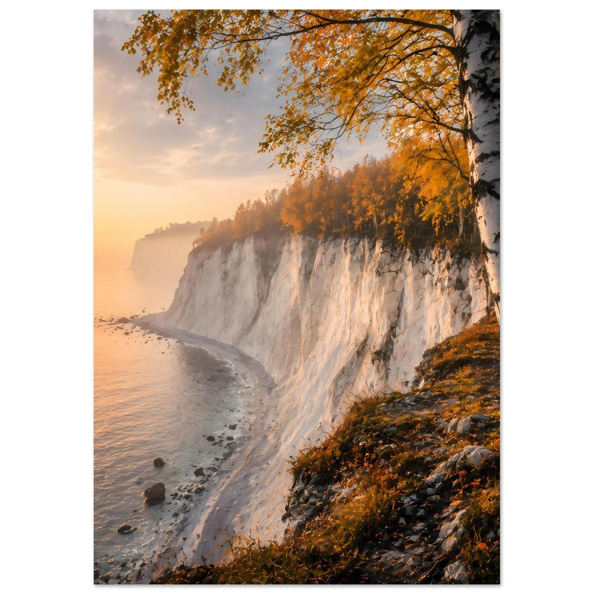 Poster: vertikal, Meer links und Felswand rechts mit Birkenlaub und goldenem Abendhimmel