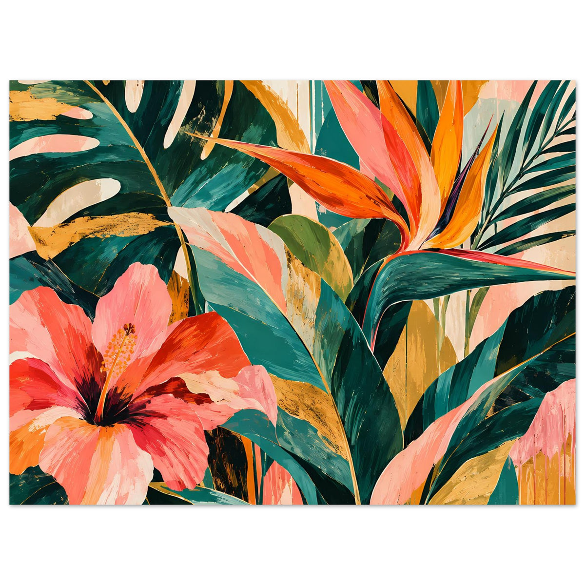 Horizontales Kunstposter: orangefarbene Blütenkrone, rosa Blüten und gemusterte Blätter