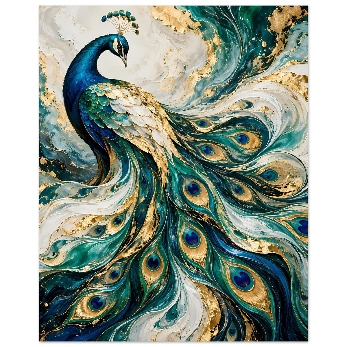 Pfau-Kunstposter, vertikale Ansicht: blauer Pfau mit Pfauenaugen, Petrol-, Gold- und Cremefarben