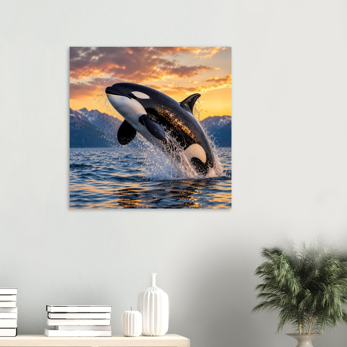 Quadratisches Orca-Sprung-Poster: schwarzer Wal mit weißen Flecken, springt aus dem Wasser