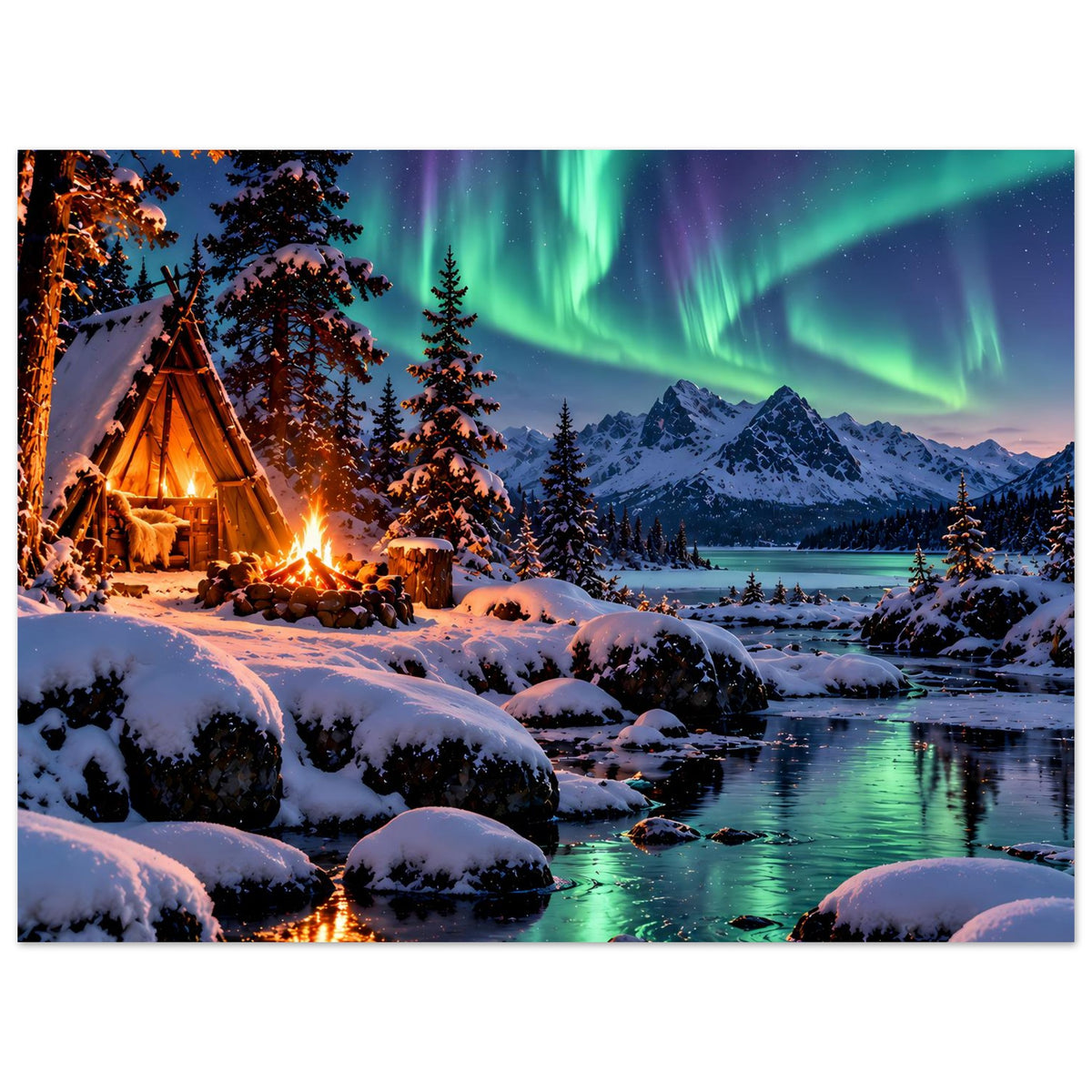Winterlandschaft-Poster mit Lagerfeuer am Schneeufer, Nordlichtern, verschneiten Steinen