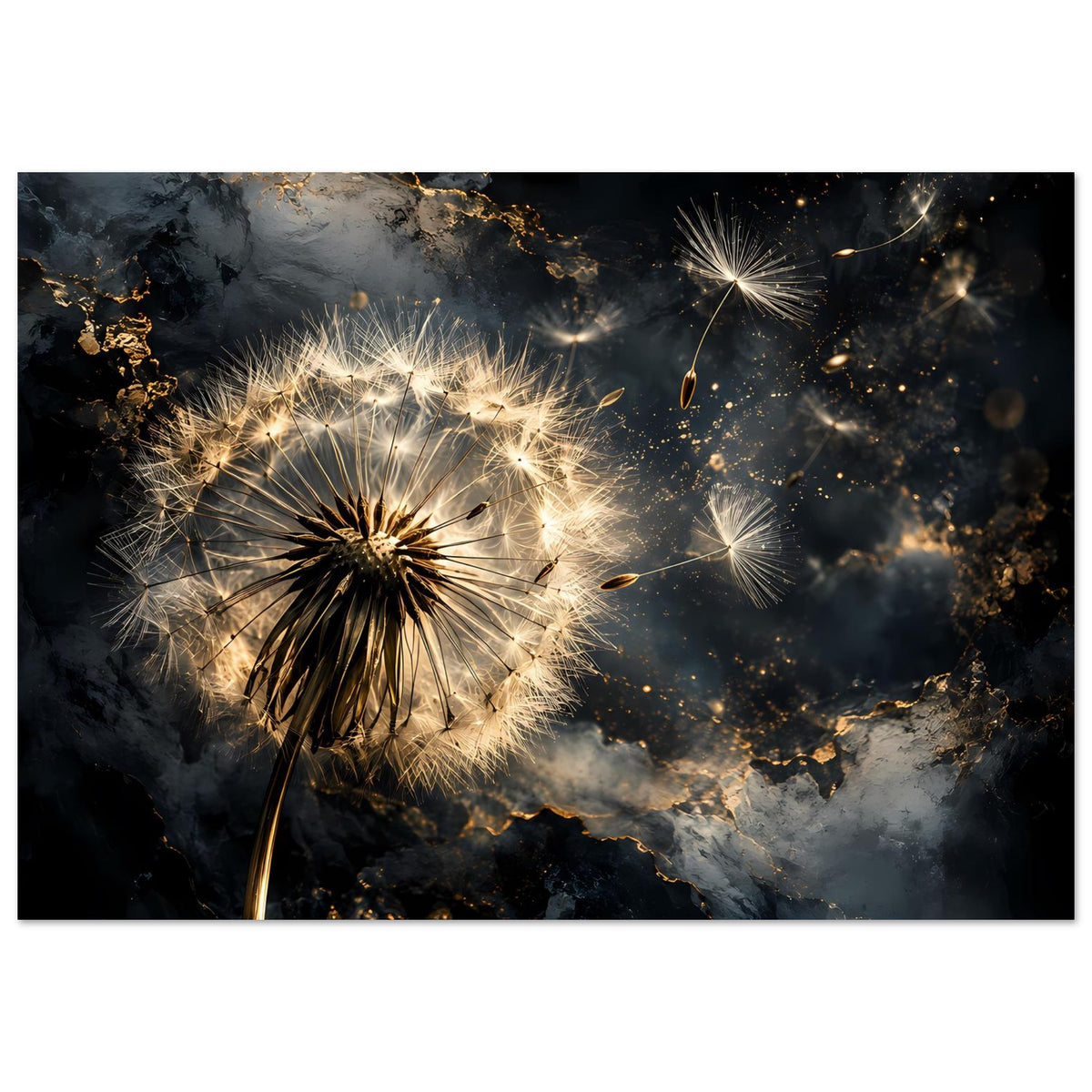 Mattes Poster im Querformat mit goldener Pusteblume und strahlenden Funken