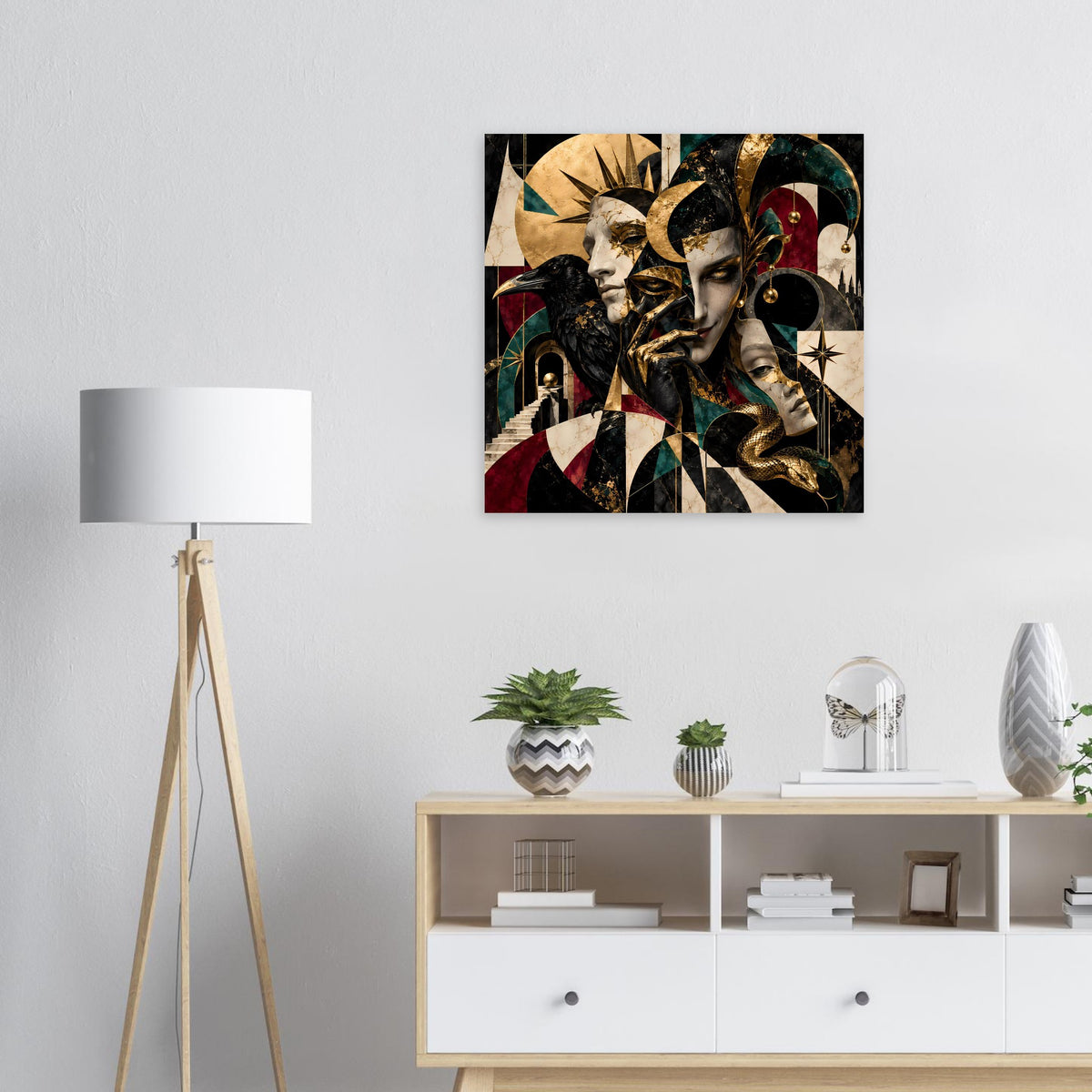 Kunstposter mit abstrakten Gesichtern, dunkel, goldene Akzente, quadratisch