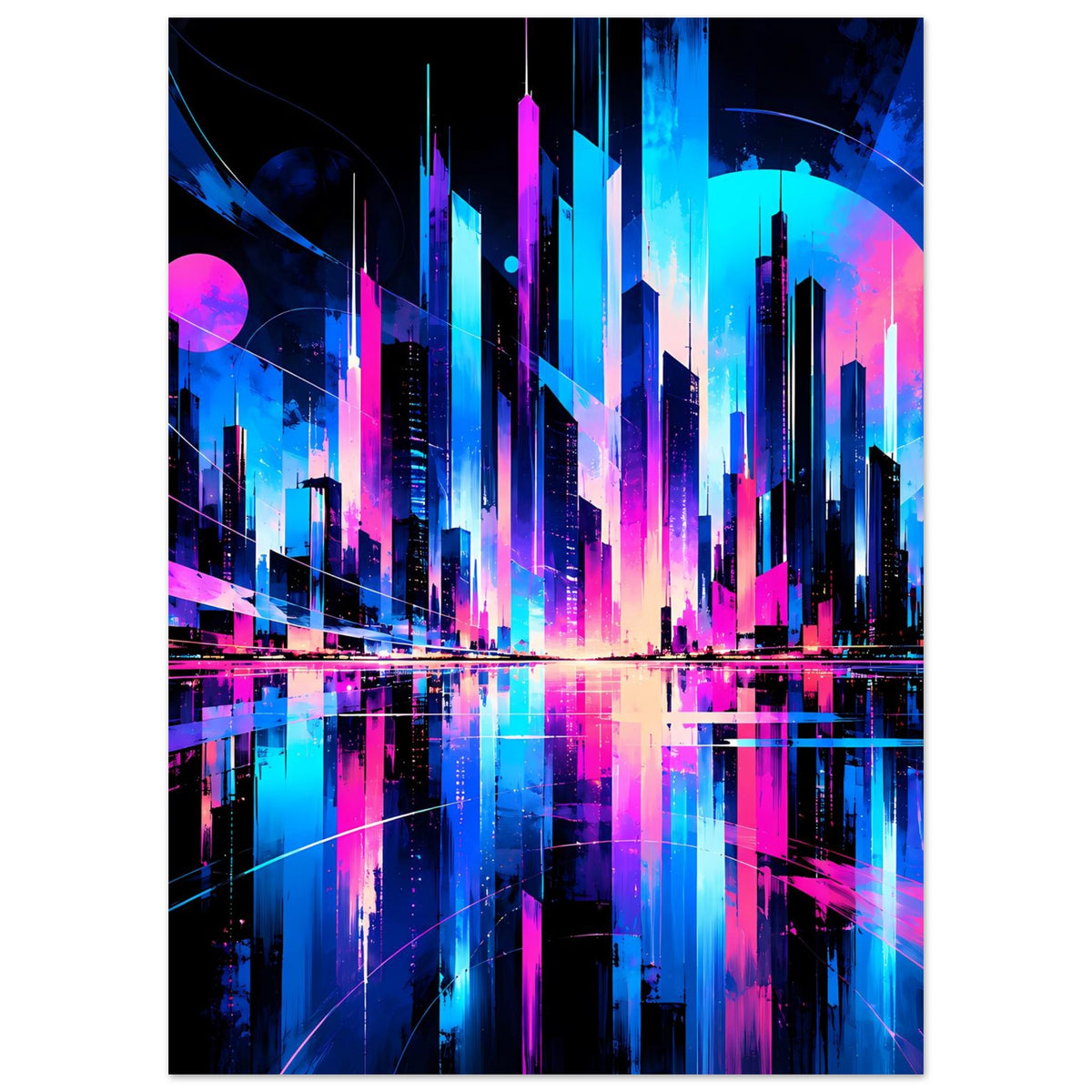 Neon-Stadtbild-Poster (Hochformat) mit Wolkenkratzern, Neonverlauf in Blau und Pink