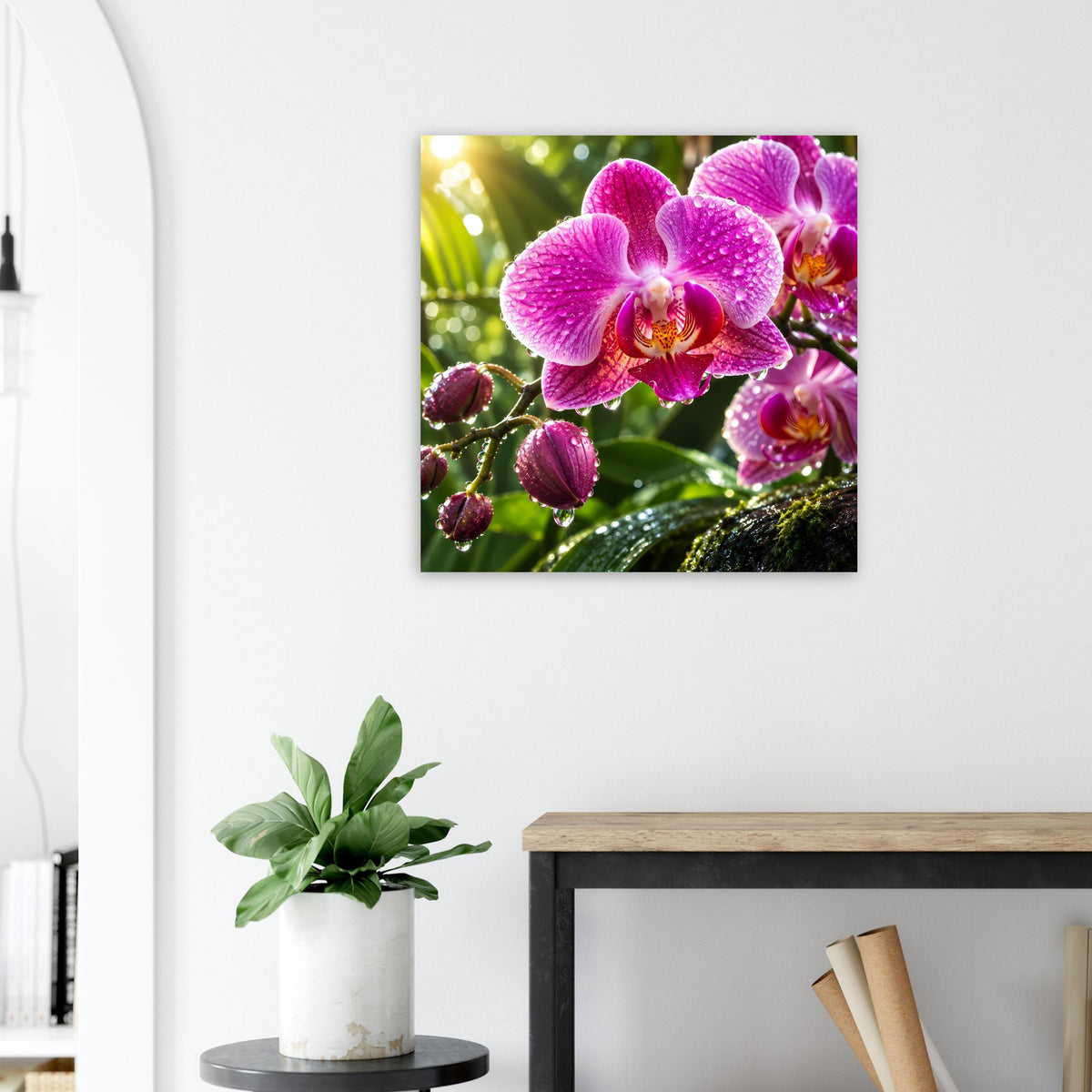 Quadratisches Poster mit pinken Orchideen, Wassertropfen mit Glitzereffekt auf Blättern