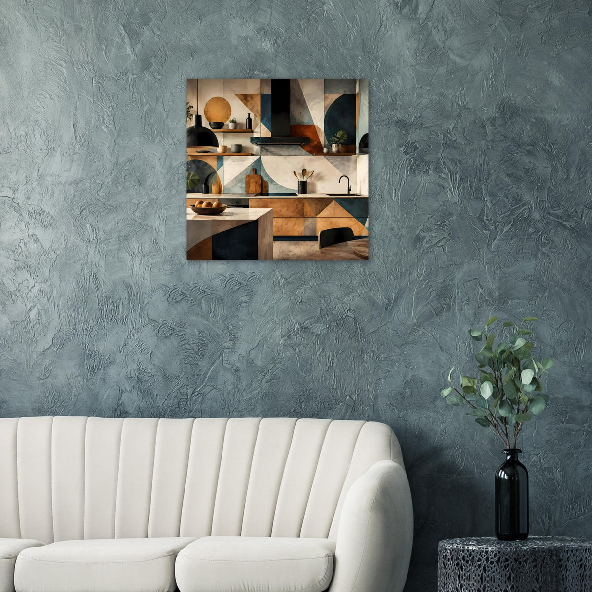 Geometrisches Küchenkunstposter mit abstrakter Küchenansicht, quadratisch auf grauer Wand