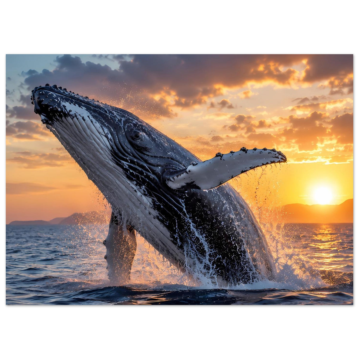 Poster: Buckelwal springt aus dem Meer bei Sonnenuntergang, detaillierte Haut und Gischt