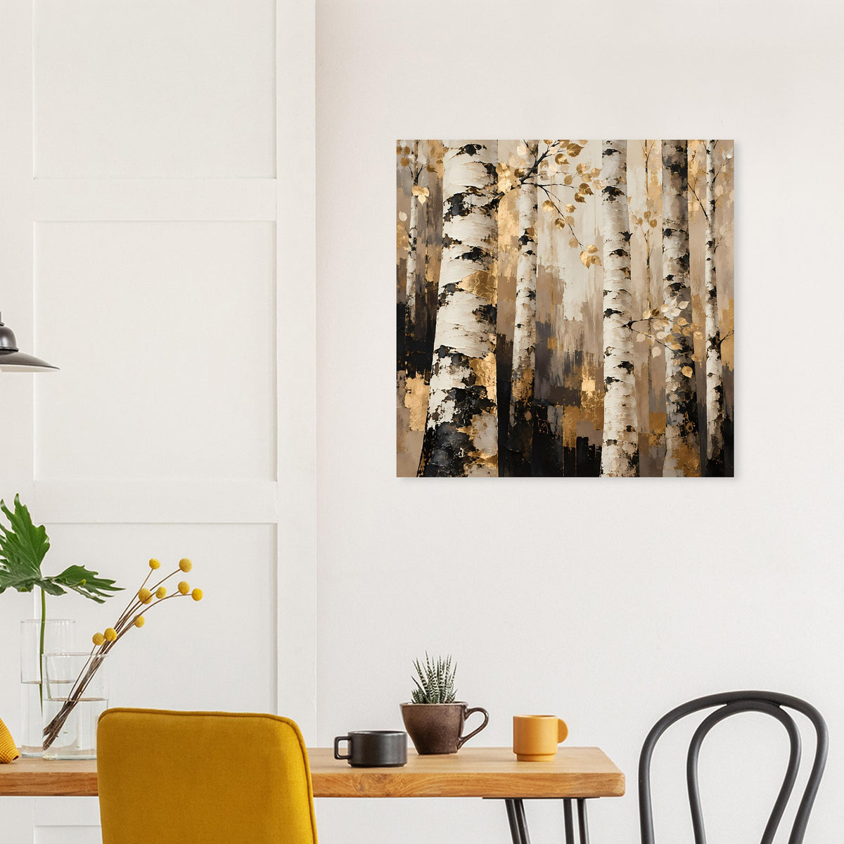 Naturposter Birkenwald in warmen Erdtönen, kontrastierende Baumstämme in Beige, Schwarz und Creme
