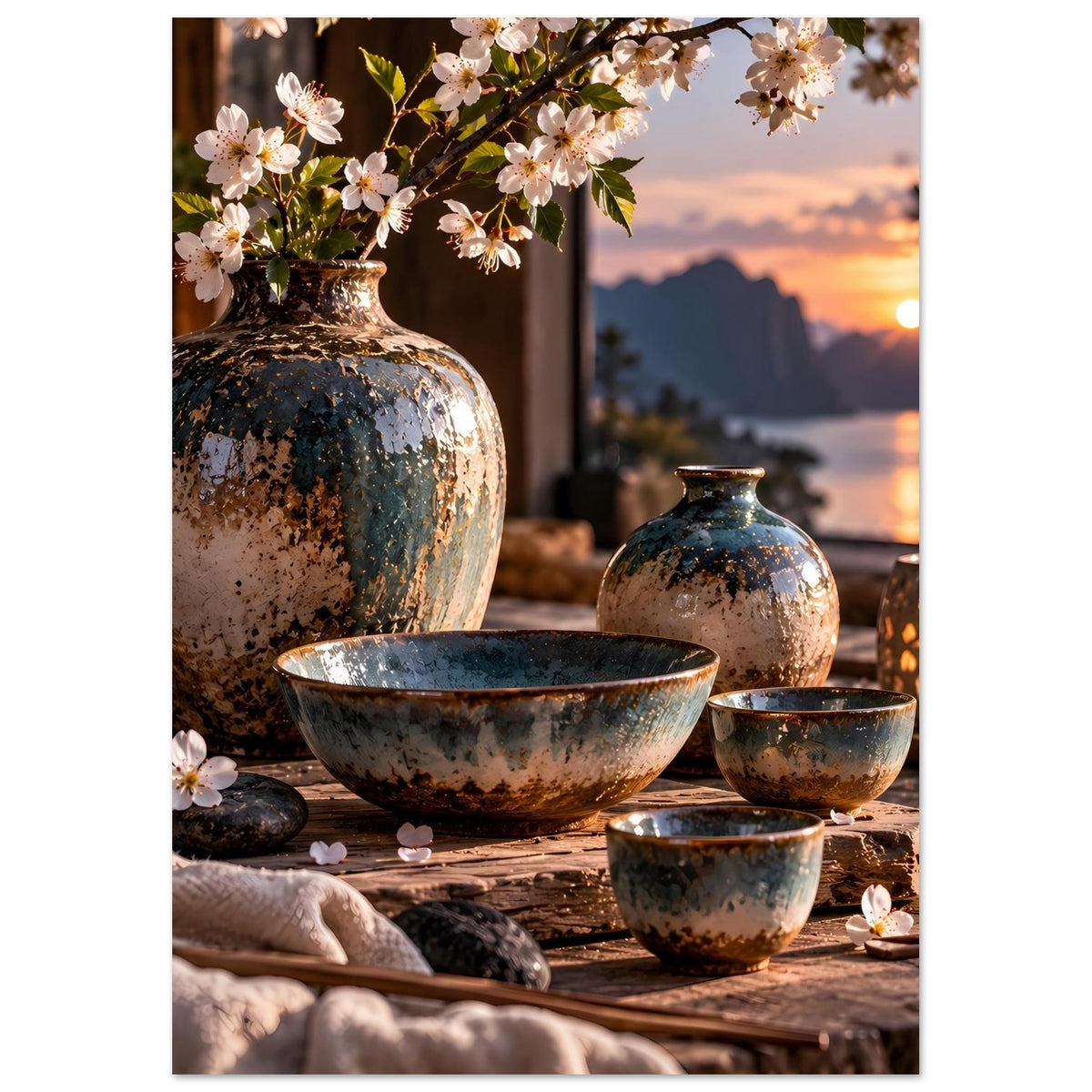 Poster mit japanischer Keramik: große Vase, Schüssel und kleine Trinkschalen