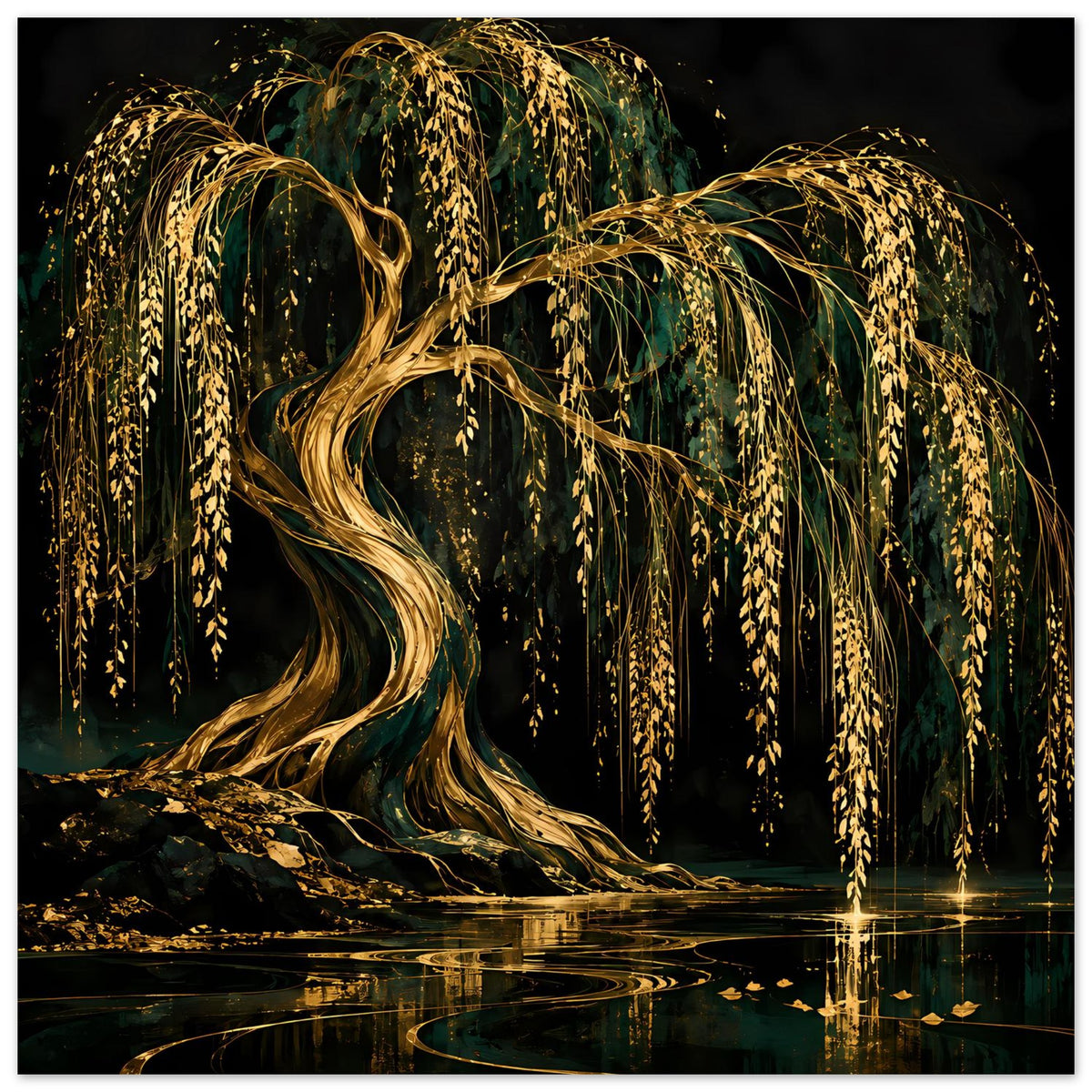 Wandposter mit goldener Trauerweide, hängenden Zweigen und Wasserreflexion, Querformat