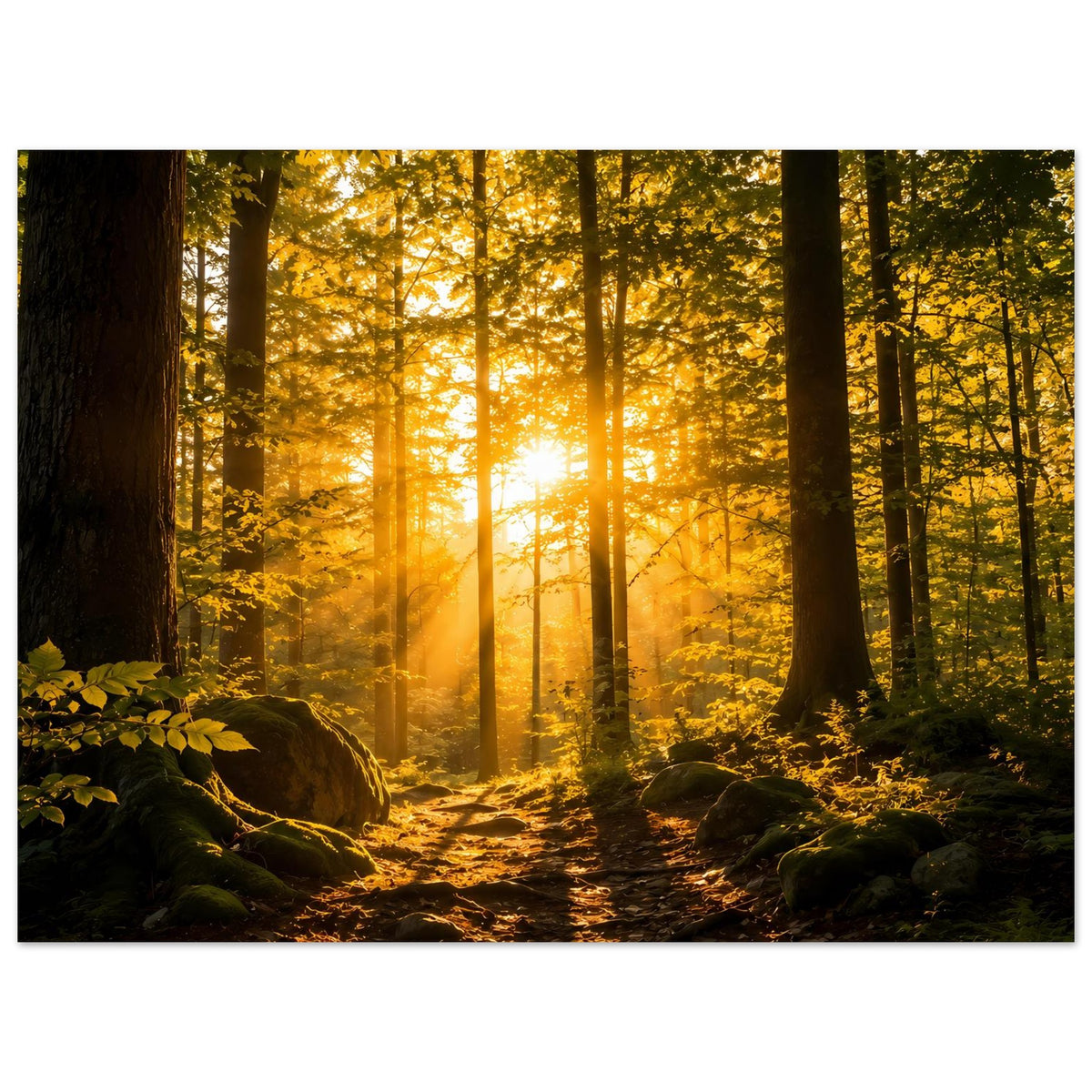 Poster mit Waldweg und Sonnenstrahlen, leuchtender Lichtschimmer im Hintergrund, querformat