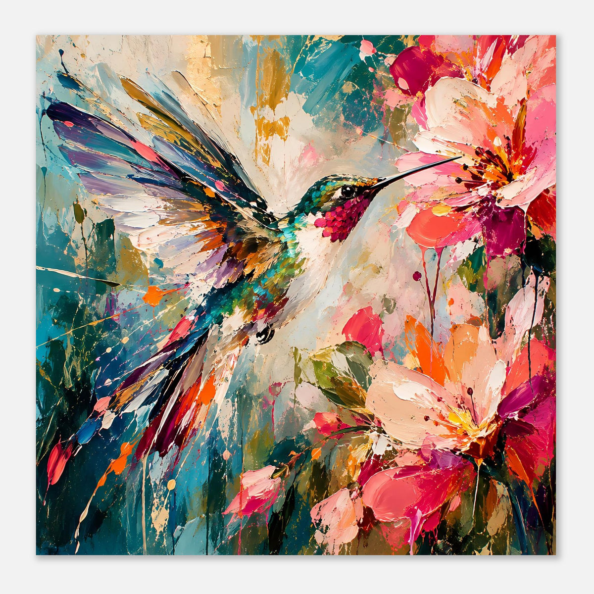 Querformat-Wandposter mit Kolibri und Blüten, abstrakt bunt, gerahmt