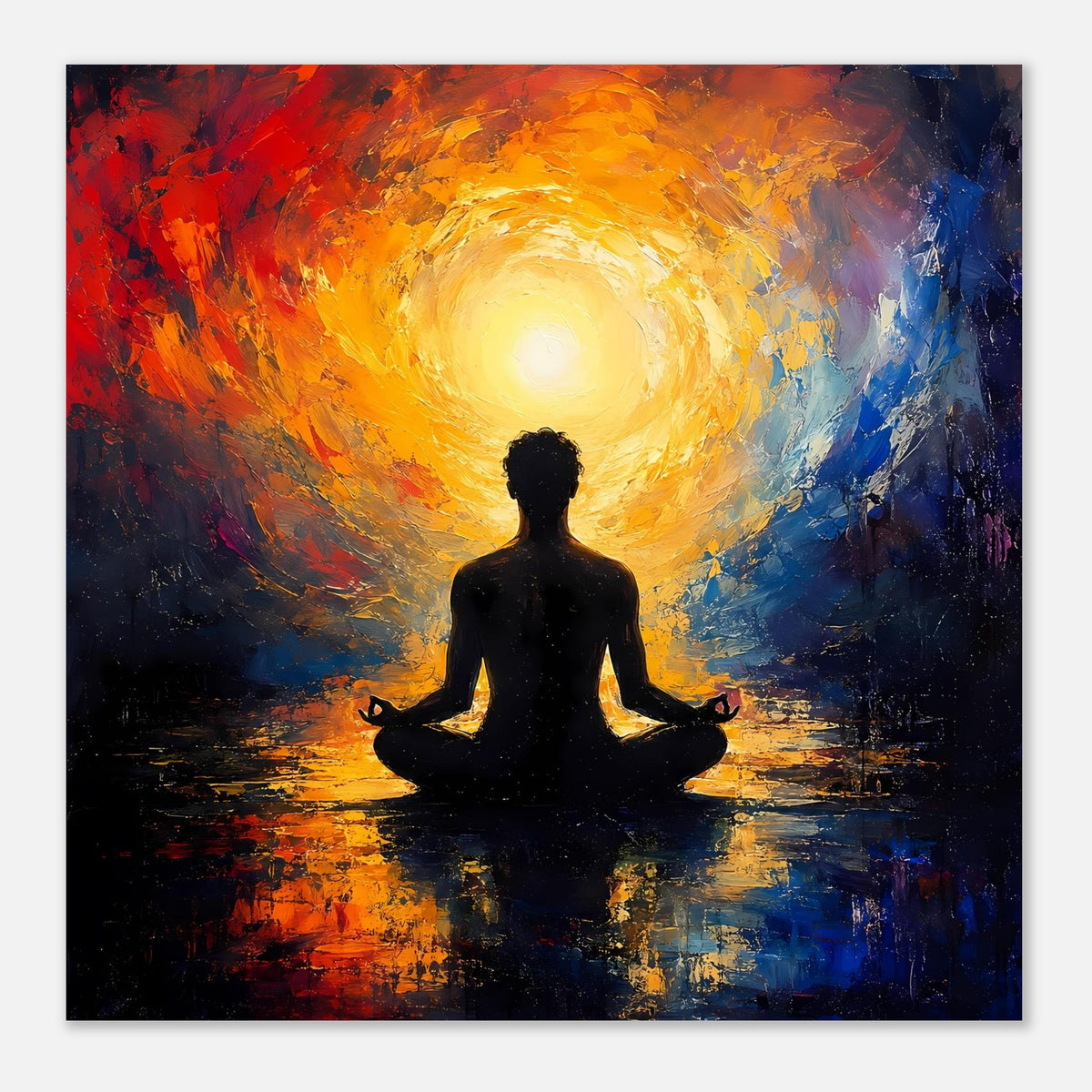 Zen-Poster im Quadratformat: leuchtender Halo über sitzender Meditationssilhouette