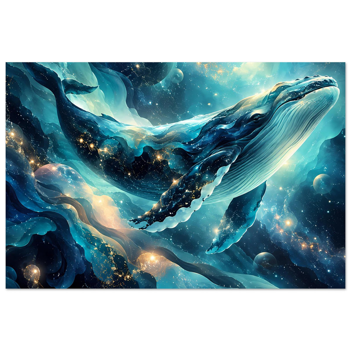 Horizontales Ozean-Poster mit Wal und leuchtendem Nebel, Blau-Töne und Goldakzenten