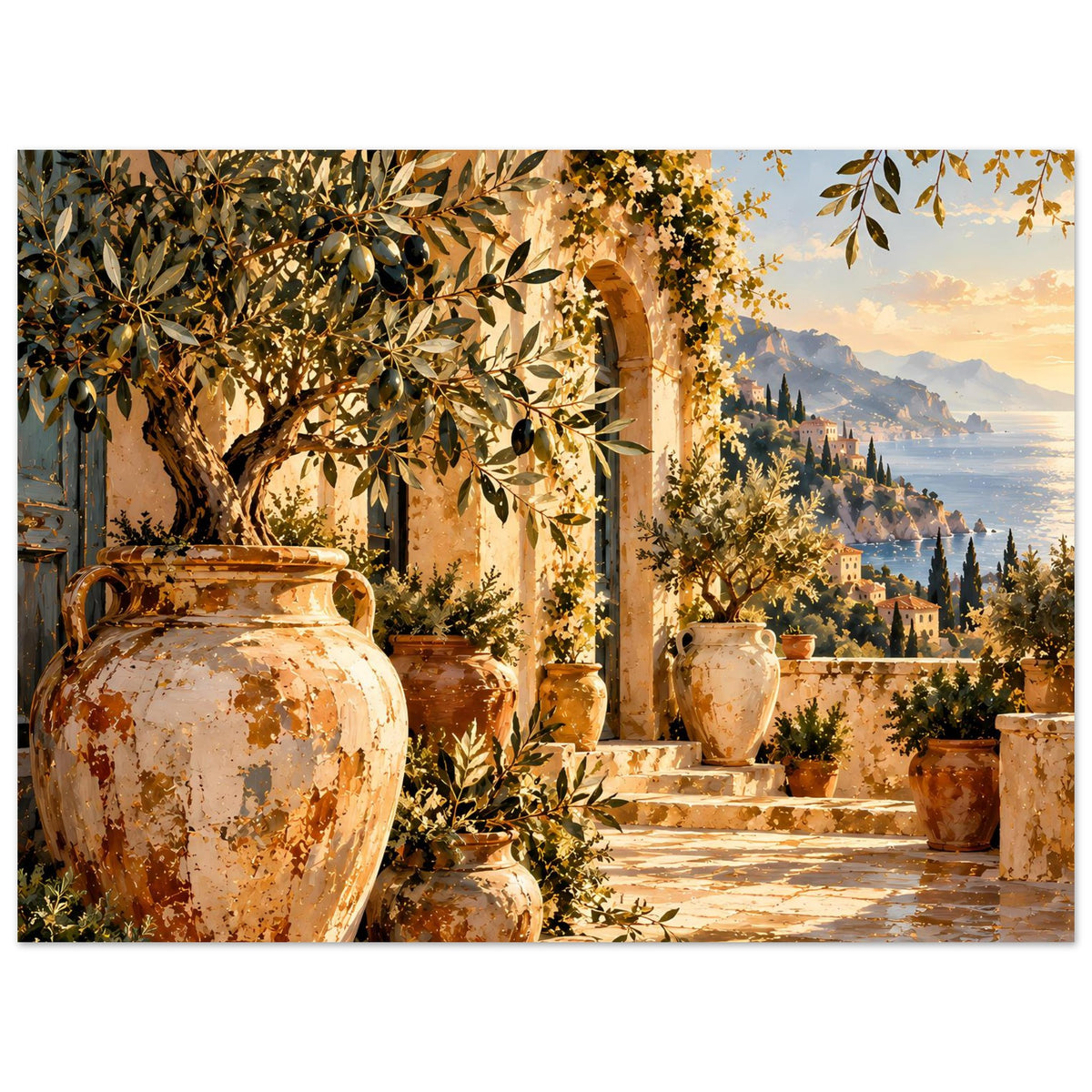 Poster: mediterrane Terrasse mit Olivenbaumkrone, Keramikgefäßen und Landschaft im Hintergrund