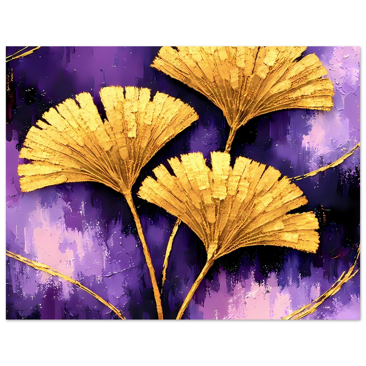 Ginkgo-Poster: goldene Blätter und Zweige auf violettem Hintergrund, breiter Ausschnitt