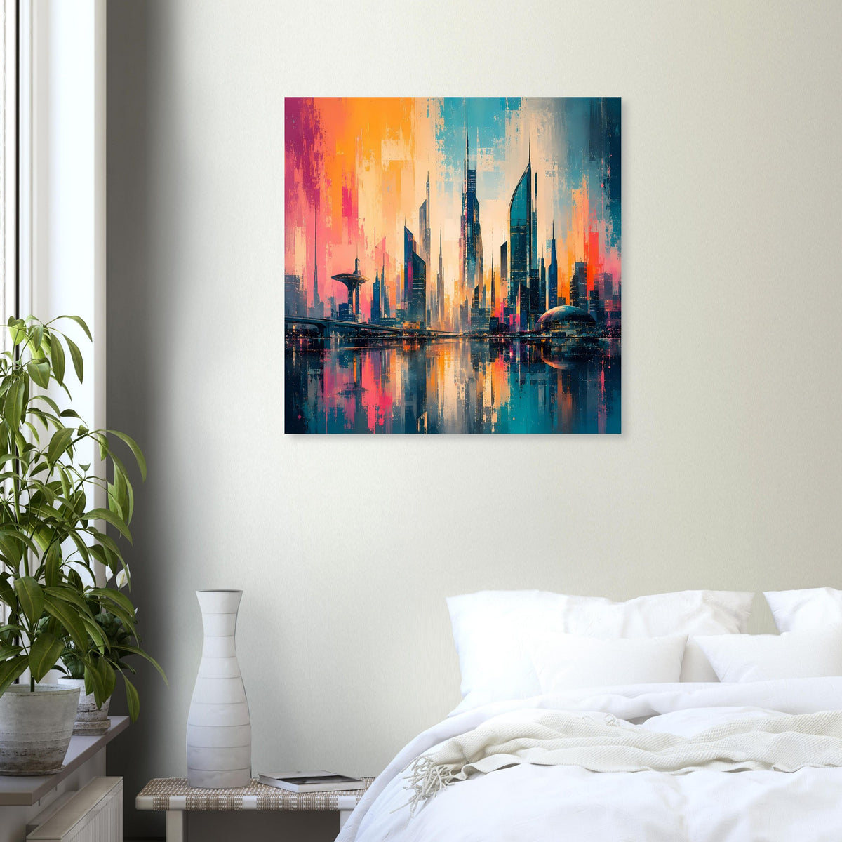 Cityscape-Poster mit Skyline und türkis-orangefarbenem Himmel, Reflexionen im Wasser