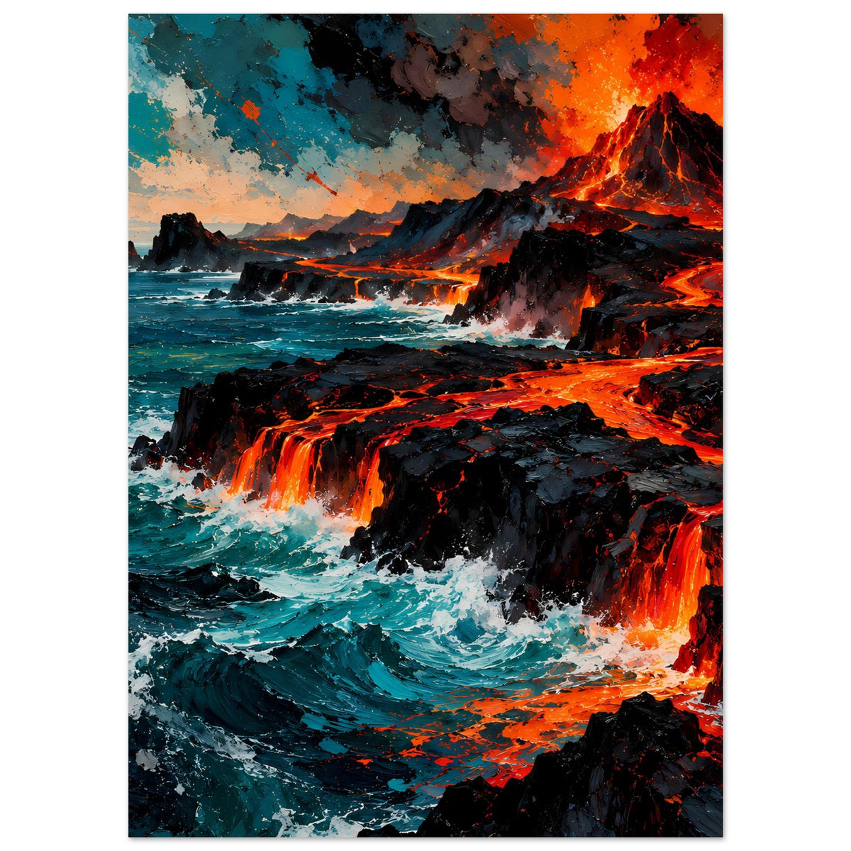 Vulkanausbruch mit Lavafluss im Ozean in Rot, Orange und Blau