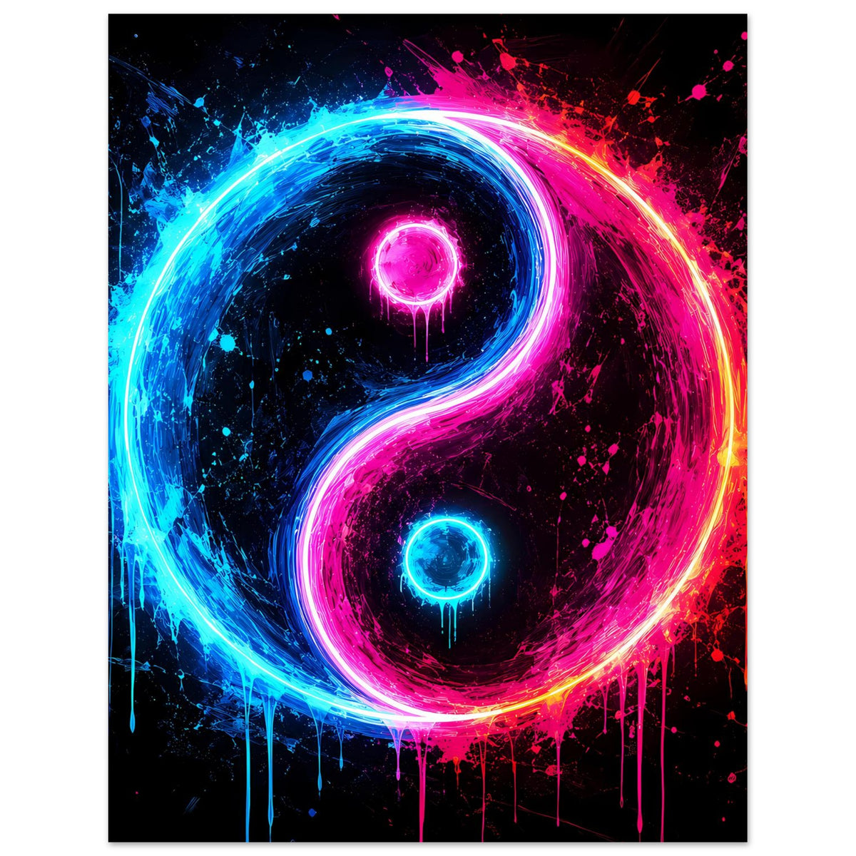Neon-Yin-Yang-Poster mit glühenden Blau- und Pink-Elementen, Spritz- und Tropfdekor.