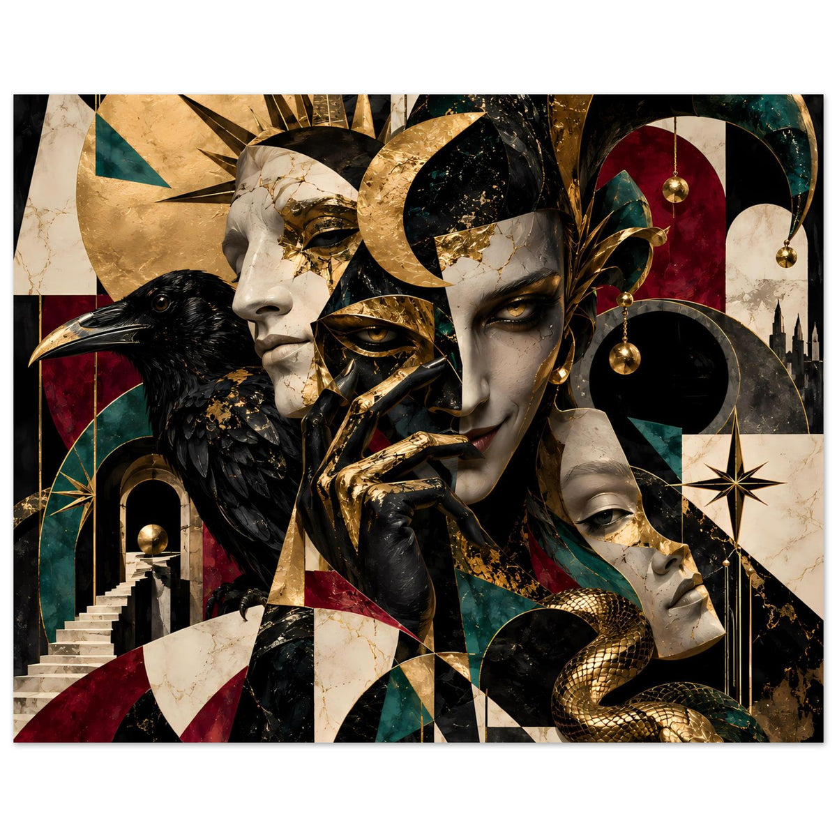 Kunstdruck-Poster: mehrere Gesichter im Art-Deco-Stil, Rabe und Schlange mit Goldakzenten