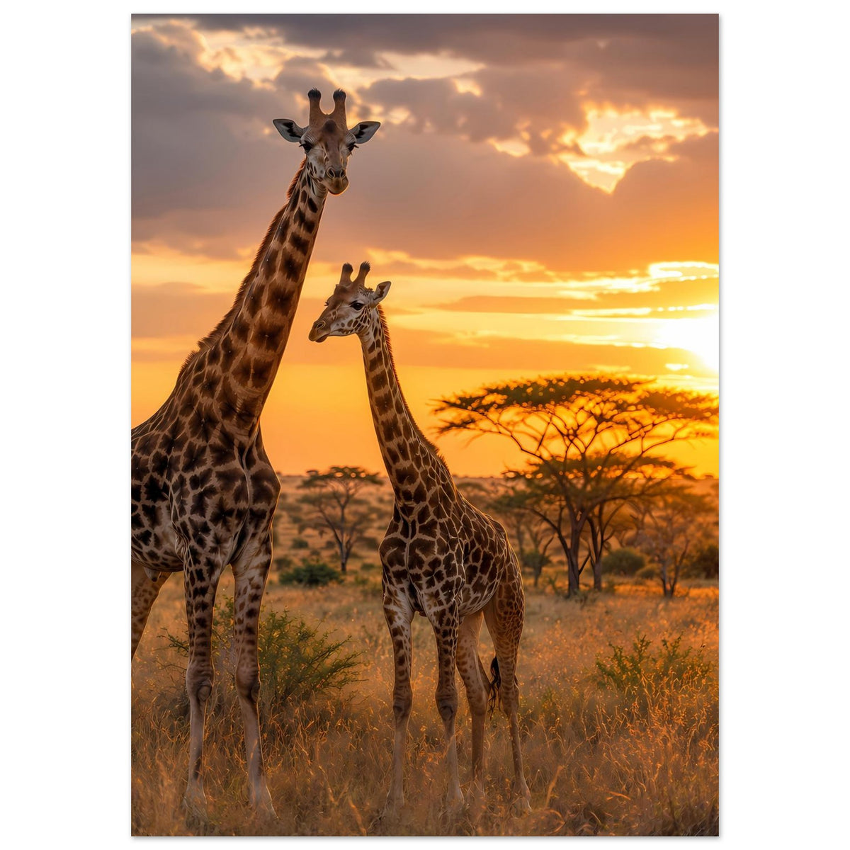 Safari-Sunset-Giraffenposter, vertikal: zwei Giraffen mit orange-goldener Abendstimmung