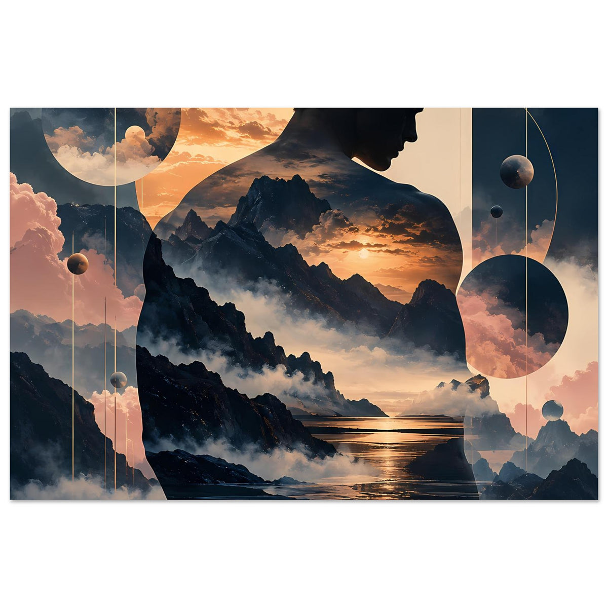 Horizontales Poster mit Männerprofil über Bergen, goldener Sonnenuntergang, Planetenformen und Kreise