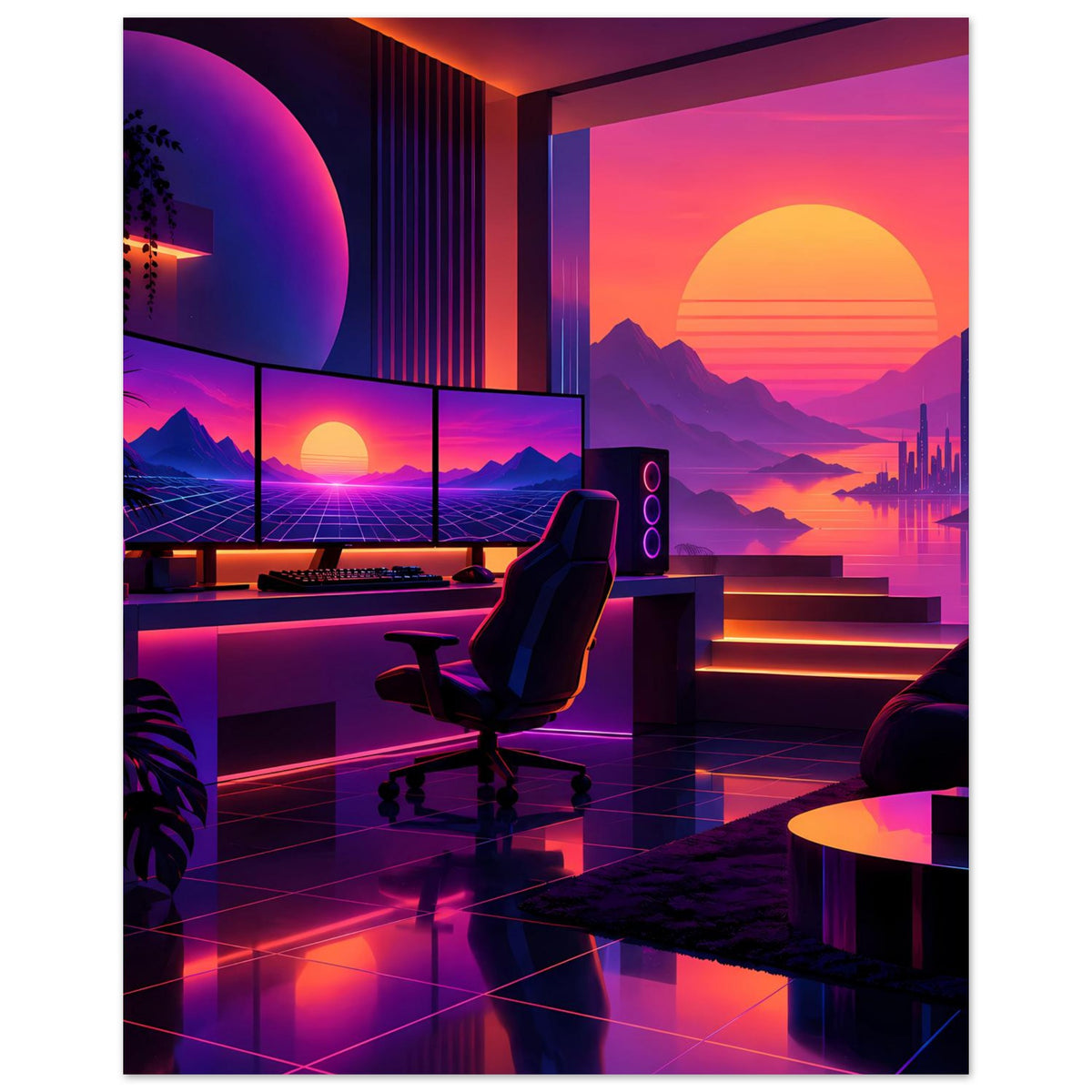 Retro-Neon-Sonnenuntergang-Poster mit futuristischem Raum, Sitzstuhl, Bergen und gelber Sonne