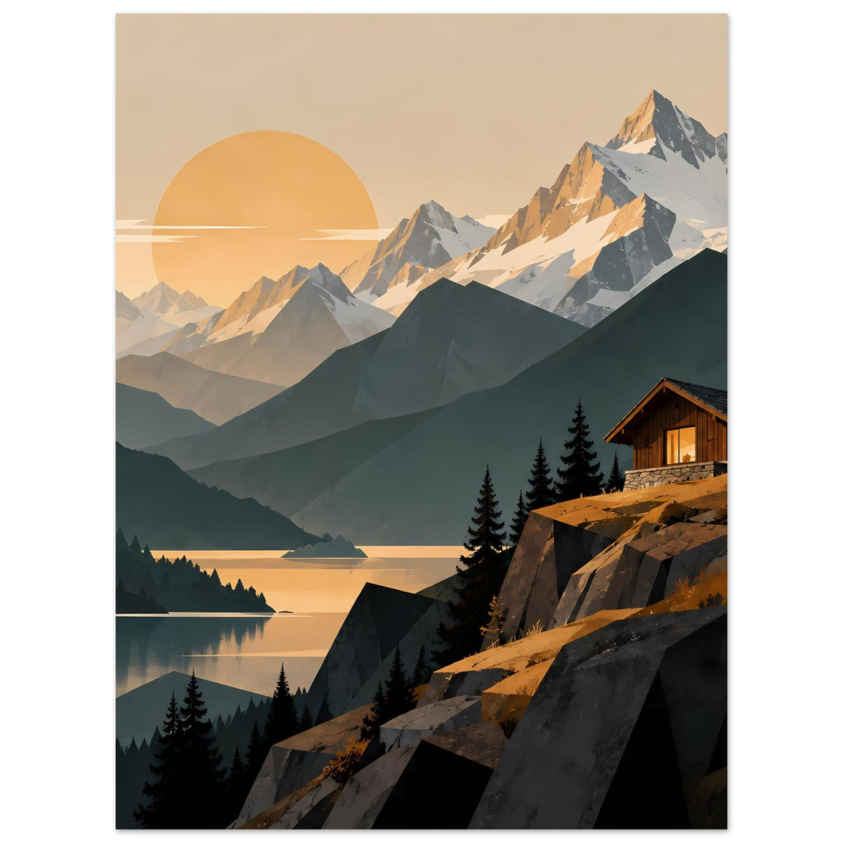 Landschaftsposter im Hochformat: Alpenlandschaft mit Hütte am See, Berge und Abendhimmel