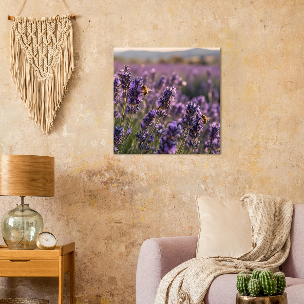 Poster mit violetten Lavendelblüten im Nahfeld, quadratisch gerahmt