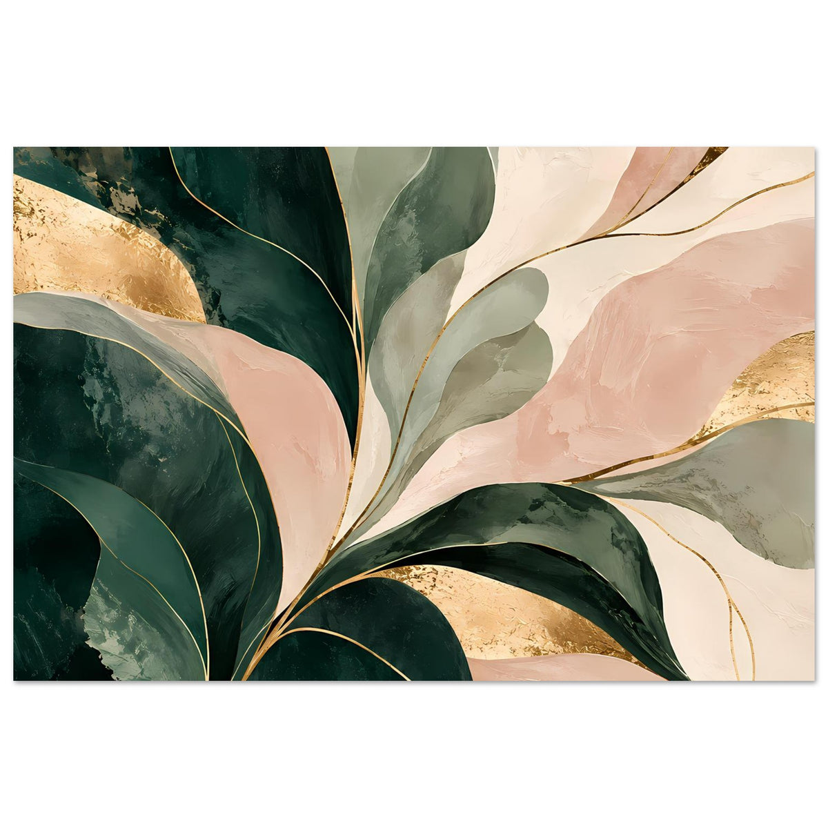 Horizontales Kunstposter mit abstrakten Blättern in Grün, Rosé und Gold